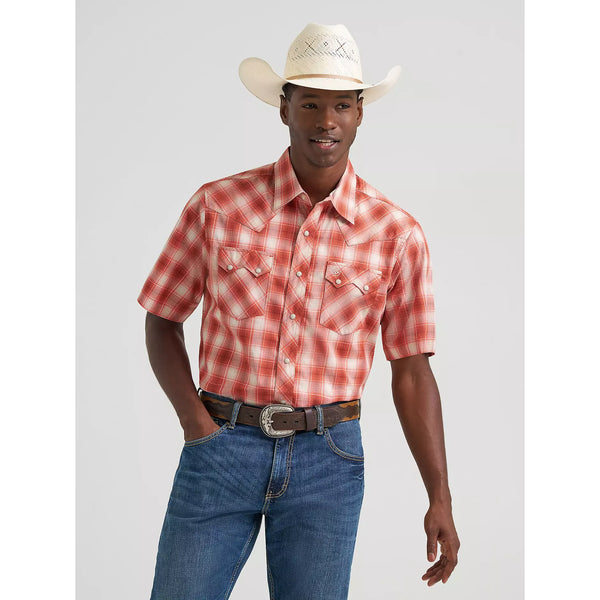 Men's Wrangler Retro Short Sleeve Sawtooth Pocket Western Snap Shirt-Burnt Orange