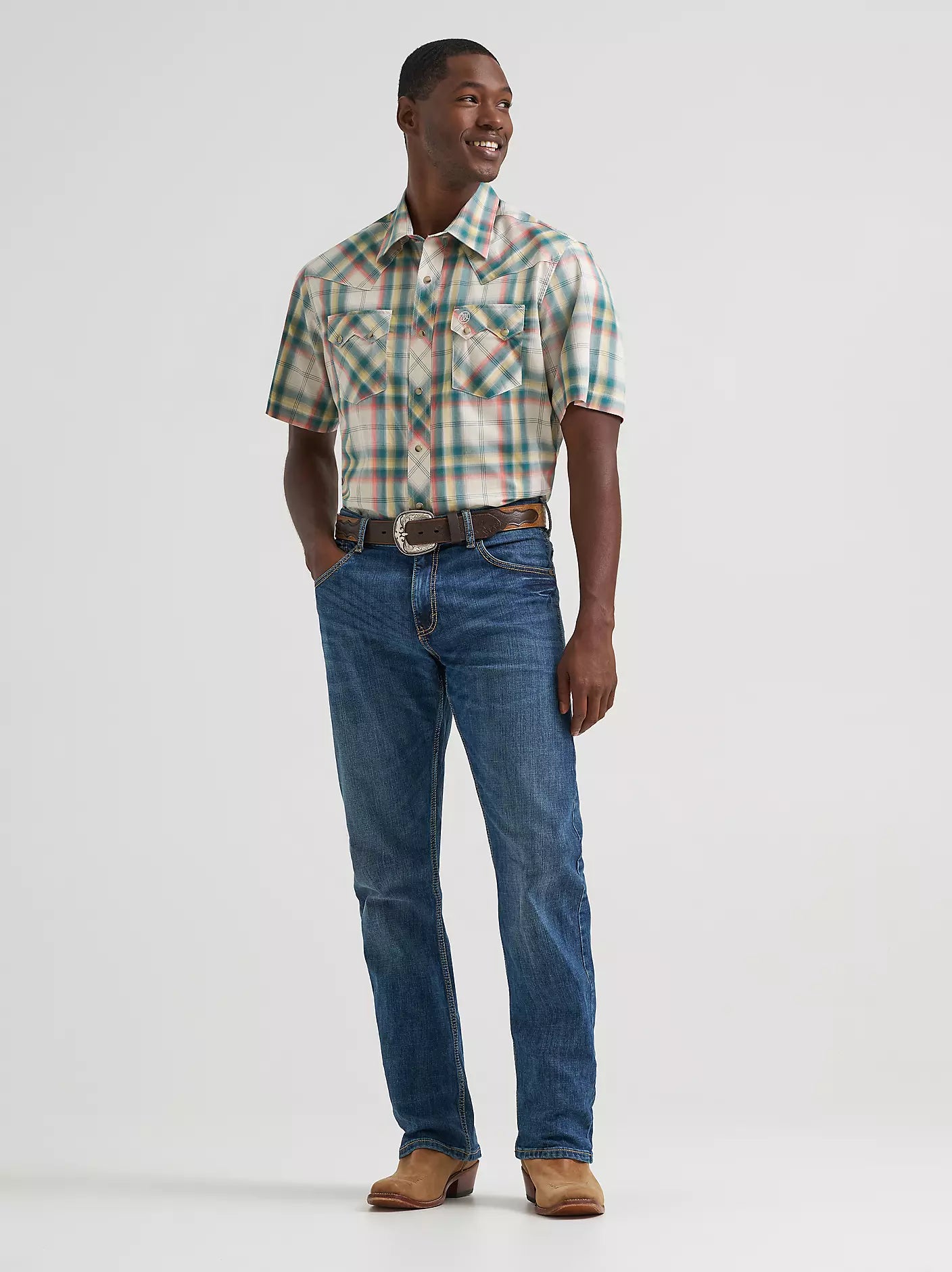 Men's Wrangler Retro Short Sleeve Sawtooth Pocket Western Snap Shirt-Grass