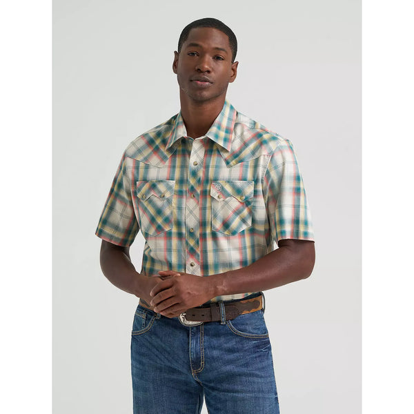 Men's Wrangler Retro Short Sleeve Sawtooth Pocket Western Snap Shirt-Grass