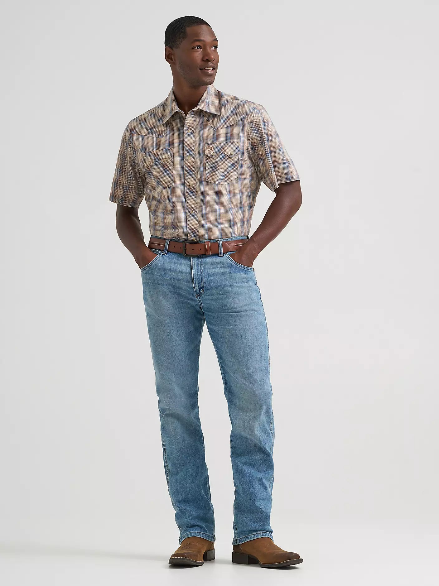 Men's Wrangler Retro Short Sleeve Sawtooth Pocket Western Snap Shirt-Dust Bowl