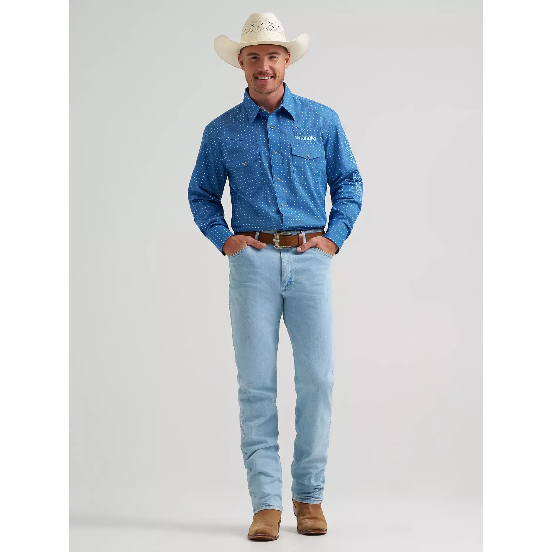 Men's Wrangler Logo Long Sleeve Western Snap Shirt-Dark Blue - CWesternwear