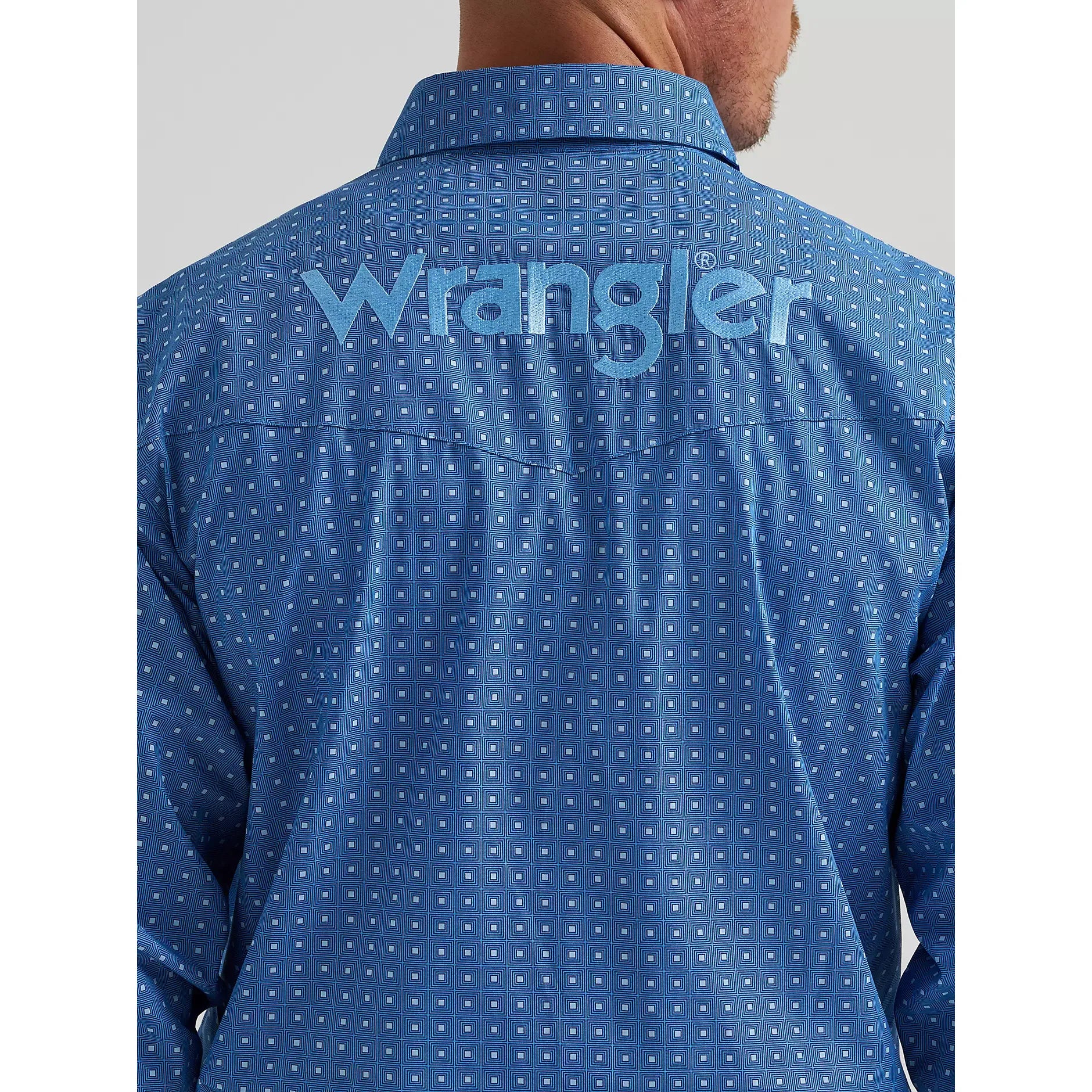 Men's Wrangler Logo Long Sleeve Western Snap Shirt-Dark Blue - CWesternwear