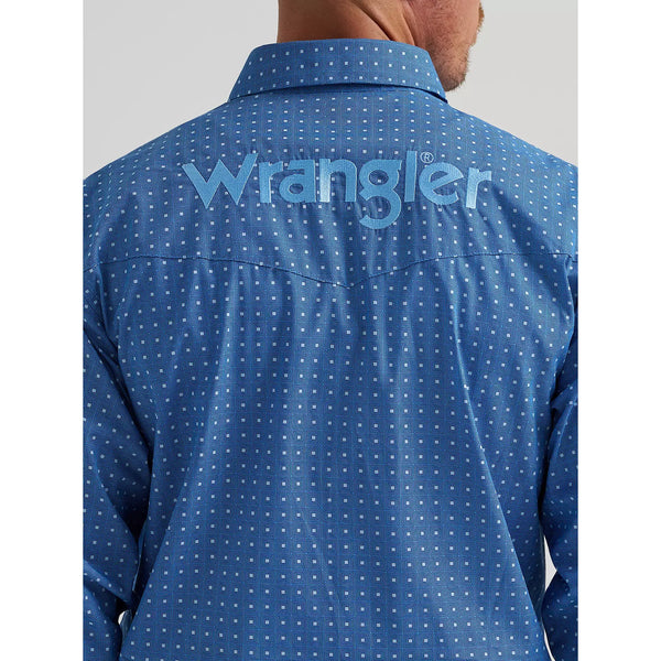 Men's Wrangler Logo Long Sleeve Western Snap Shirt-Dark Blue