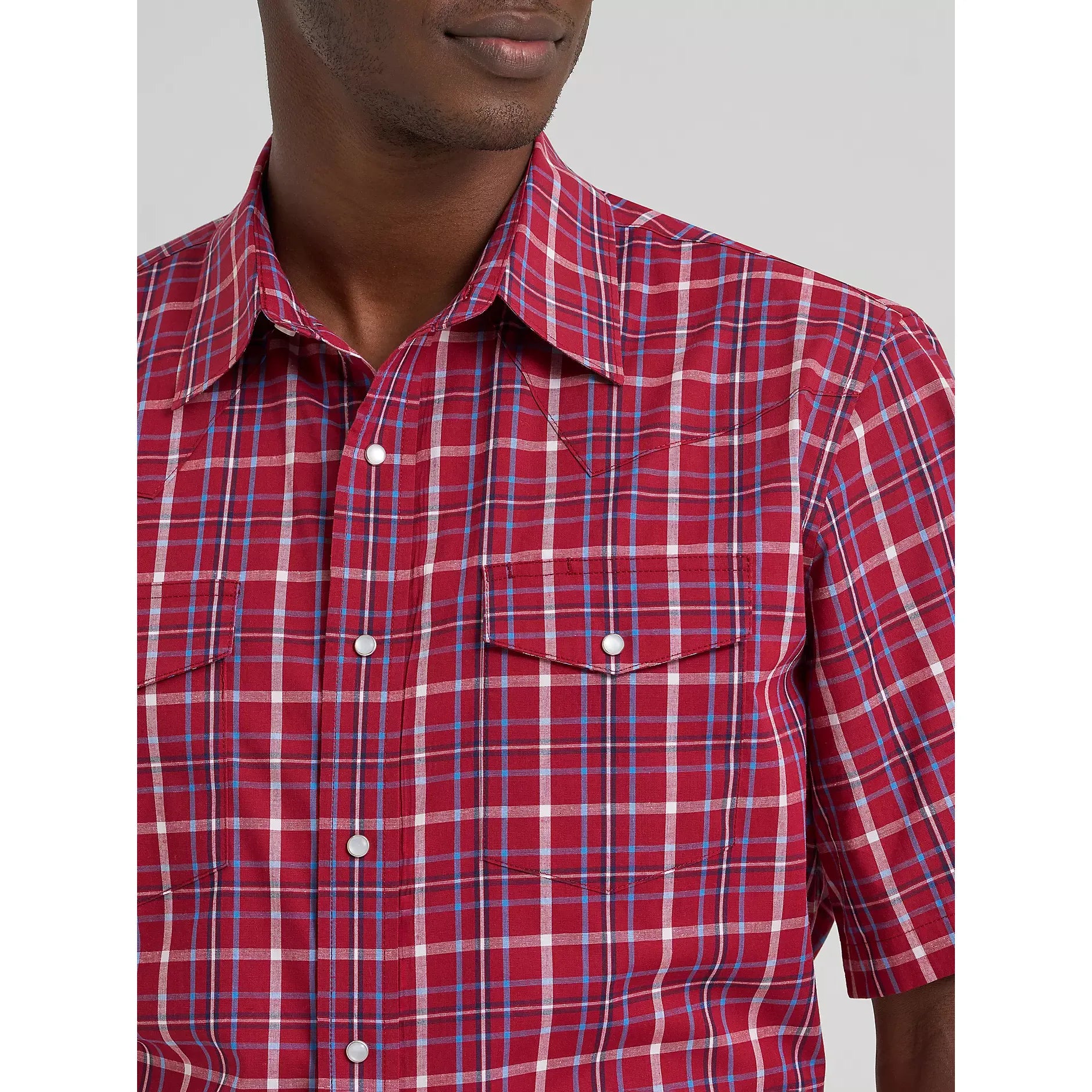 Men's Wrangler Wrinkle Resist Short Sleeve Western Snap Plaid Shirt-Deep Cherry - CWesternwear