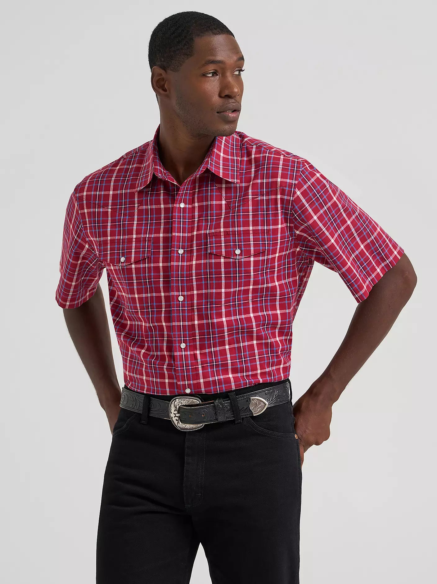 Men's Wrangler Wrinkle Resist Short Sleeve Western Snap Plaid Shirt-Deep Cherry