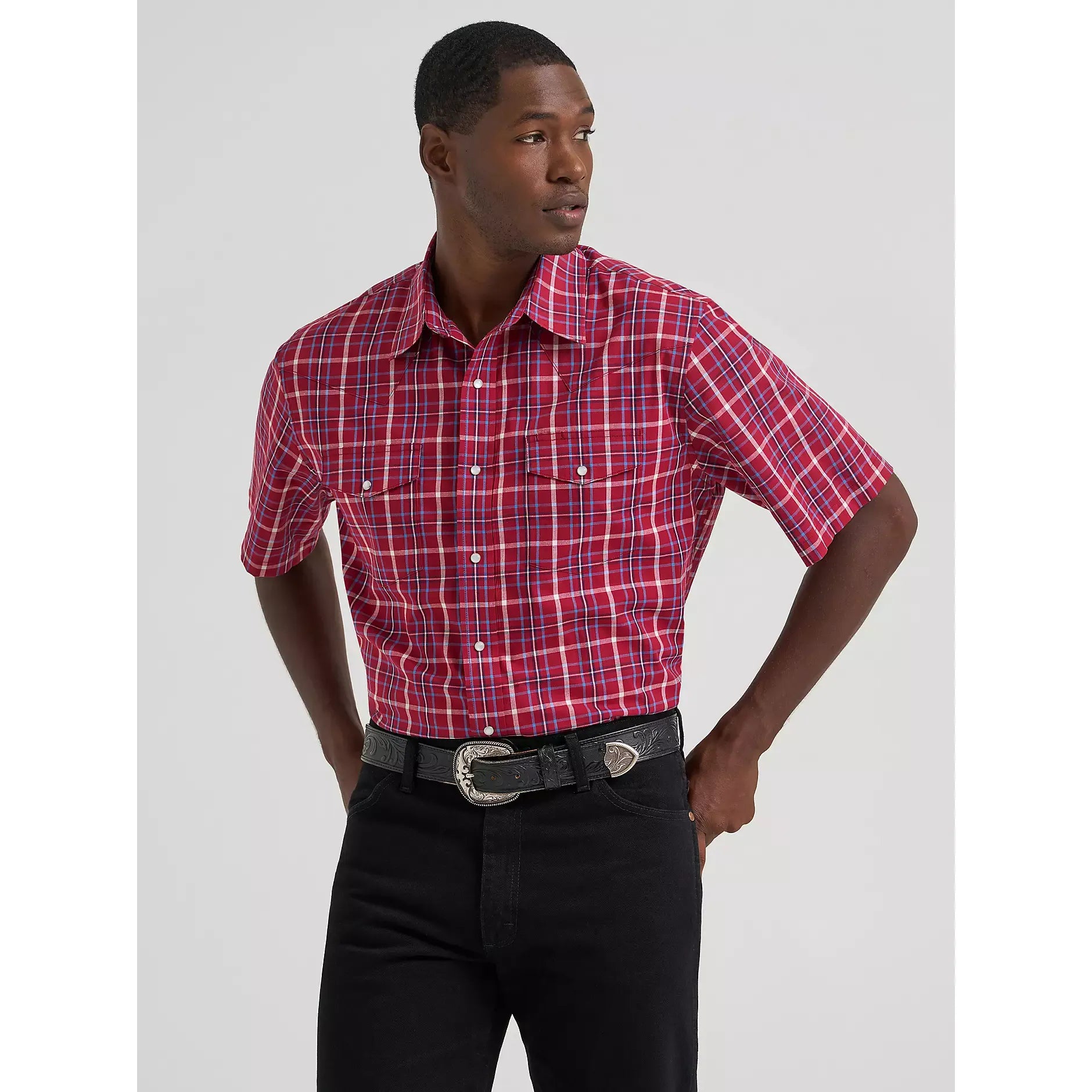 Men's Wrangler Wrinkle Resist Short Sleeve Western Snap Plaid Shirt-Deep Cherry - CWesternwear