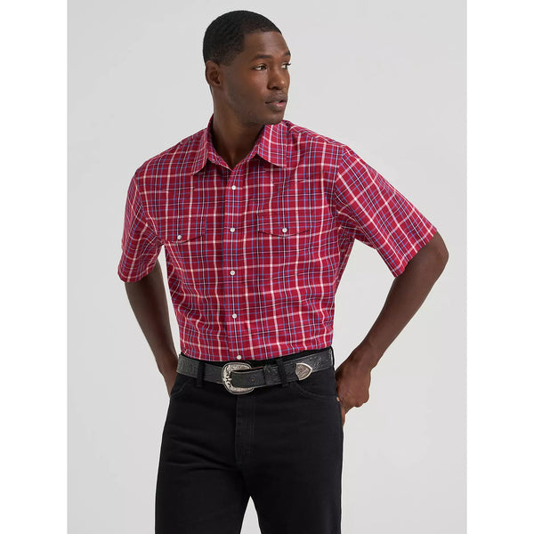 Men's Wrangler Wrinkle Resist Short Sleeve Western Snap Plaid Shirt-Deep Cherry