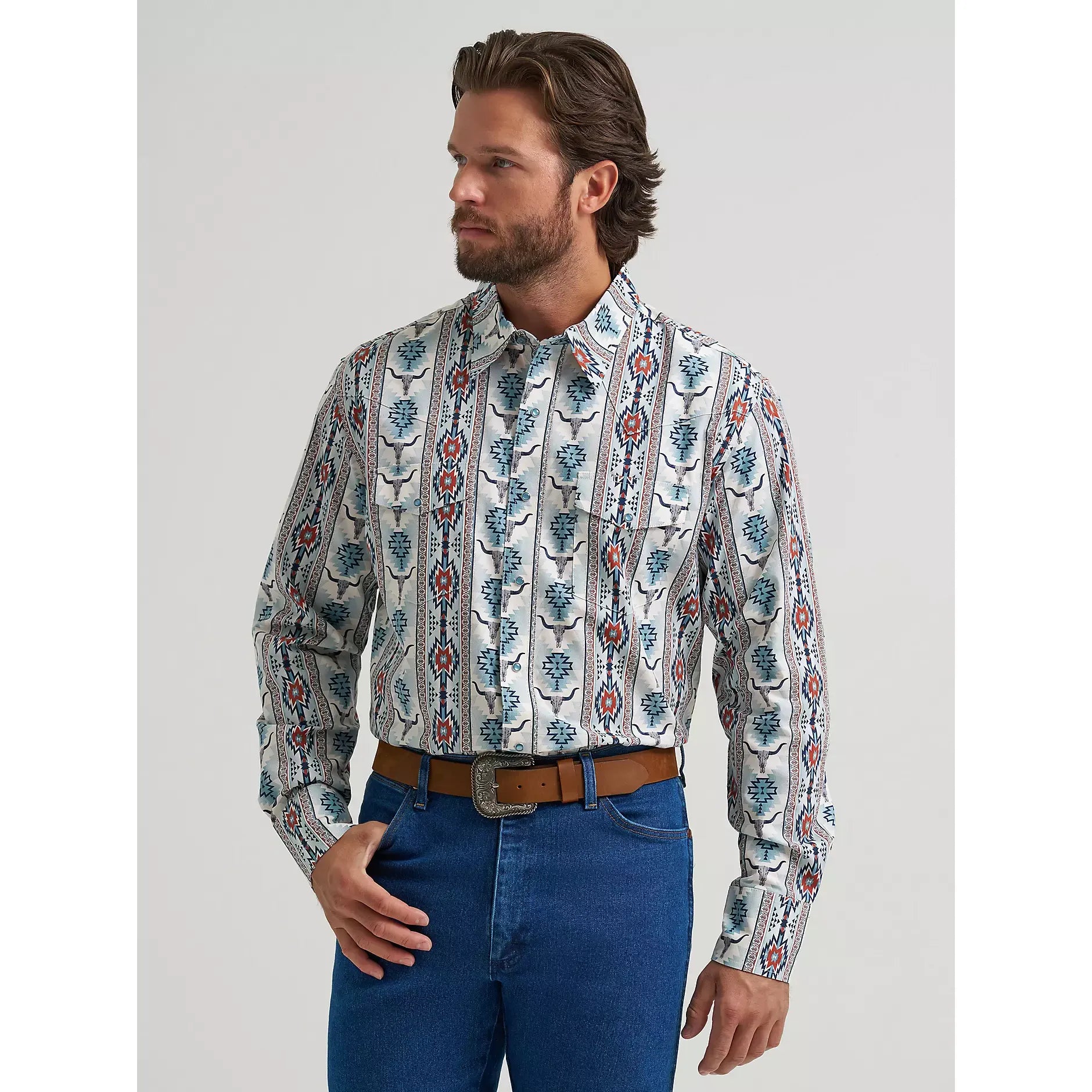 Men's Wrangler Checotah® Long Sleeve Western Snap Printed Shirt-Gray Steerhead