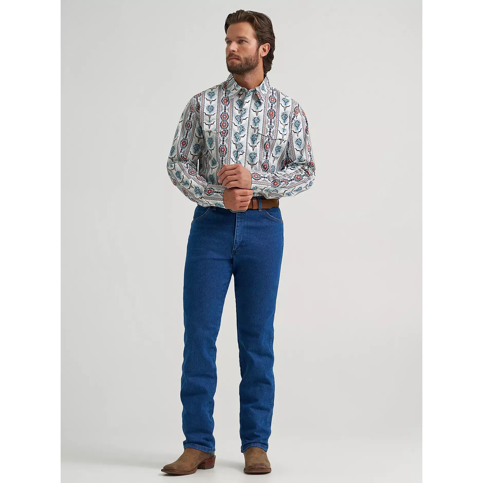Men's Wrangler Checotah® Long Sleeve Western Snap Printed Shirt-Gray Steerhead