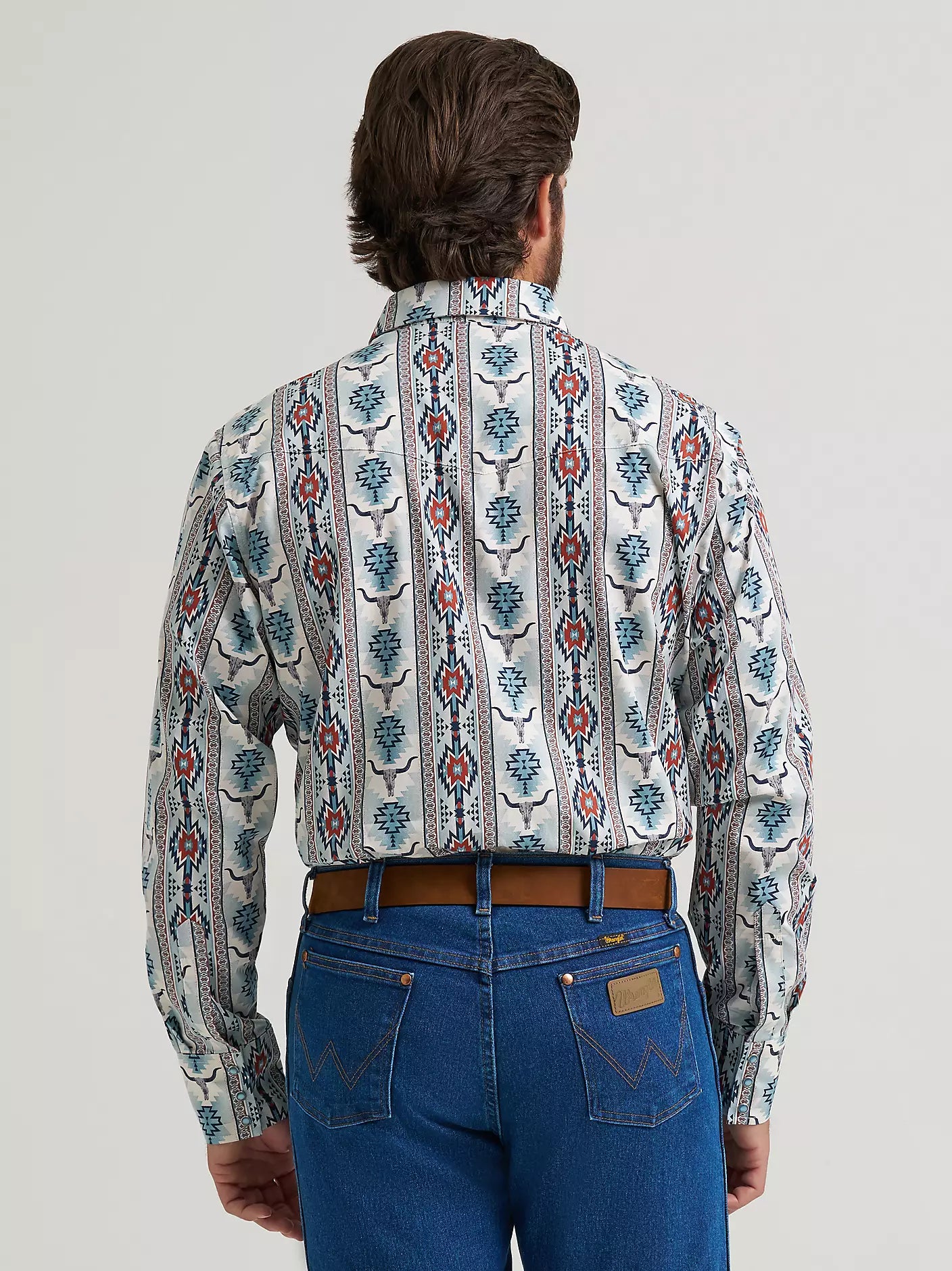 Men's Wrangler Checotah® Long Sleeve Western Snap Printed Shirt-Gray Steerhead