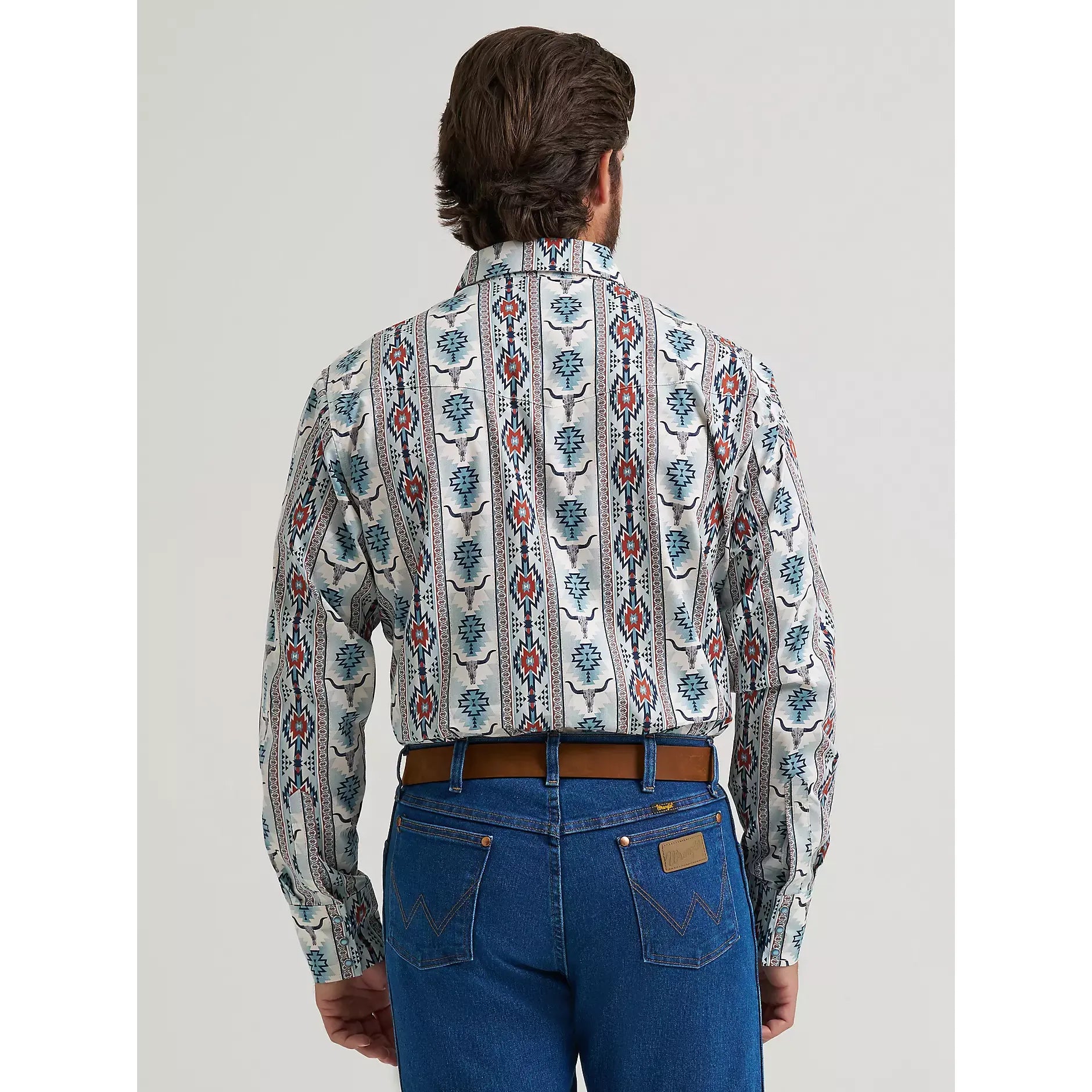 Men's Wrangler Checotah® Long Sleeve Western Snap Printed Shirt-Gray Steerhead