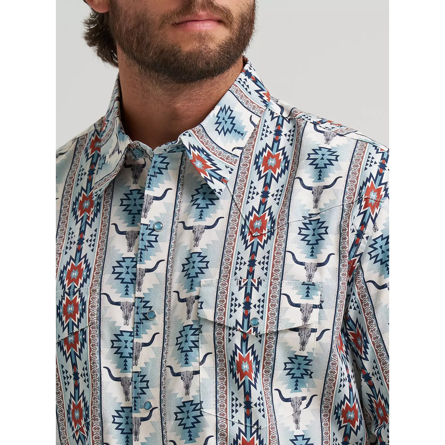 Men's Wrangler Checotah® Long Sleeve Western Snap Printed Shirt-Gray Steerhead