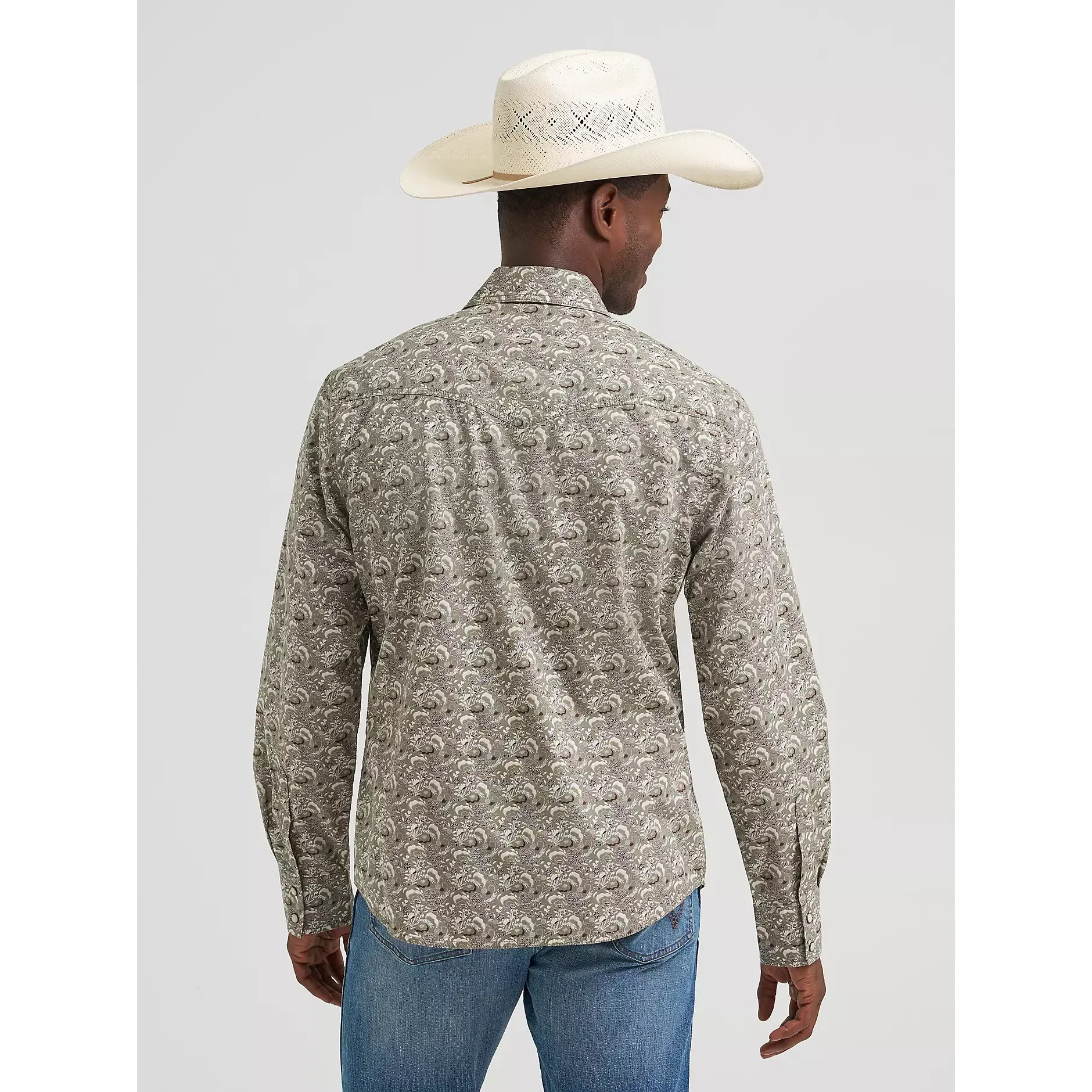 Men's Wrangler Retro Premium Long Sleeve Western Snap Printed Shirt-Taupe Feather
