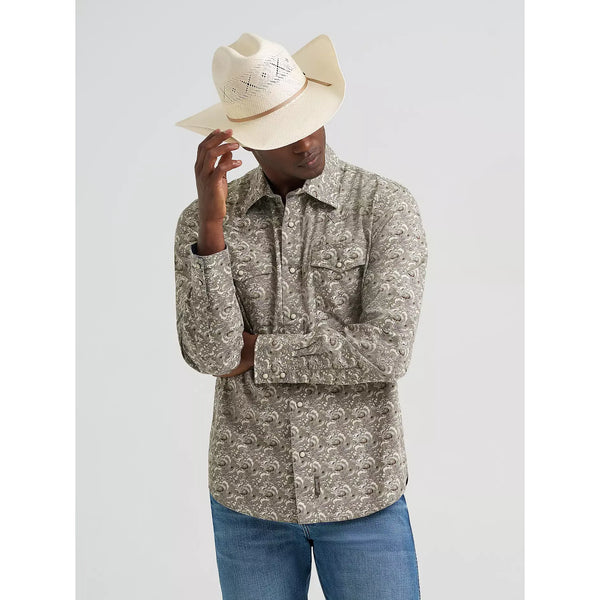 Men's Wrangler Retro Premium Long Sleeve Western Snap Printed Shirt-Taupe Feather