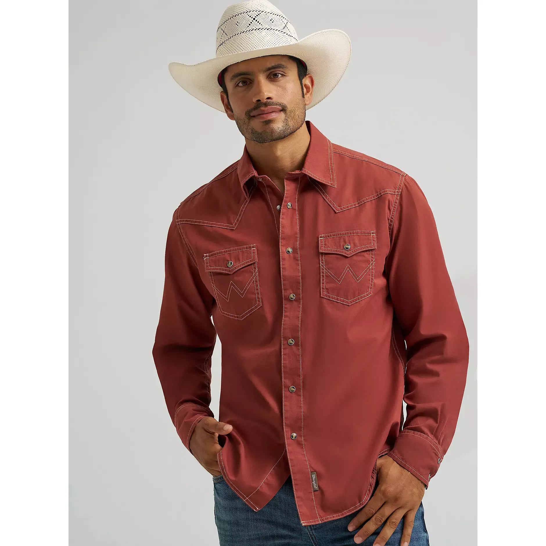 Men's Wrangler Retro Premium Long Sleeve Western Snap Solid Shirt-Clay Red