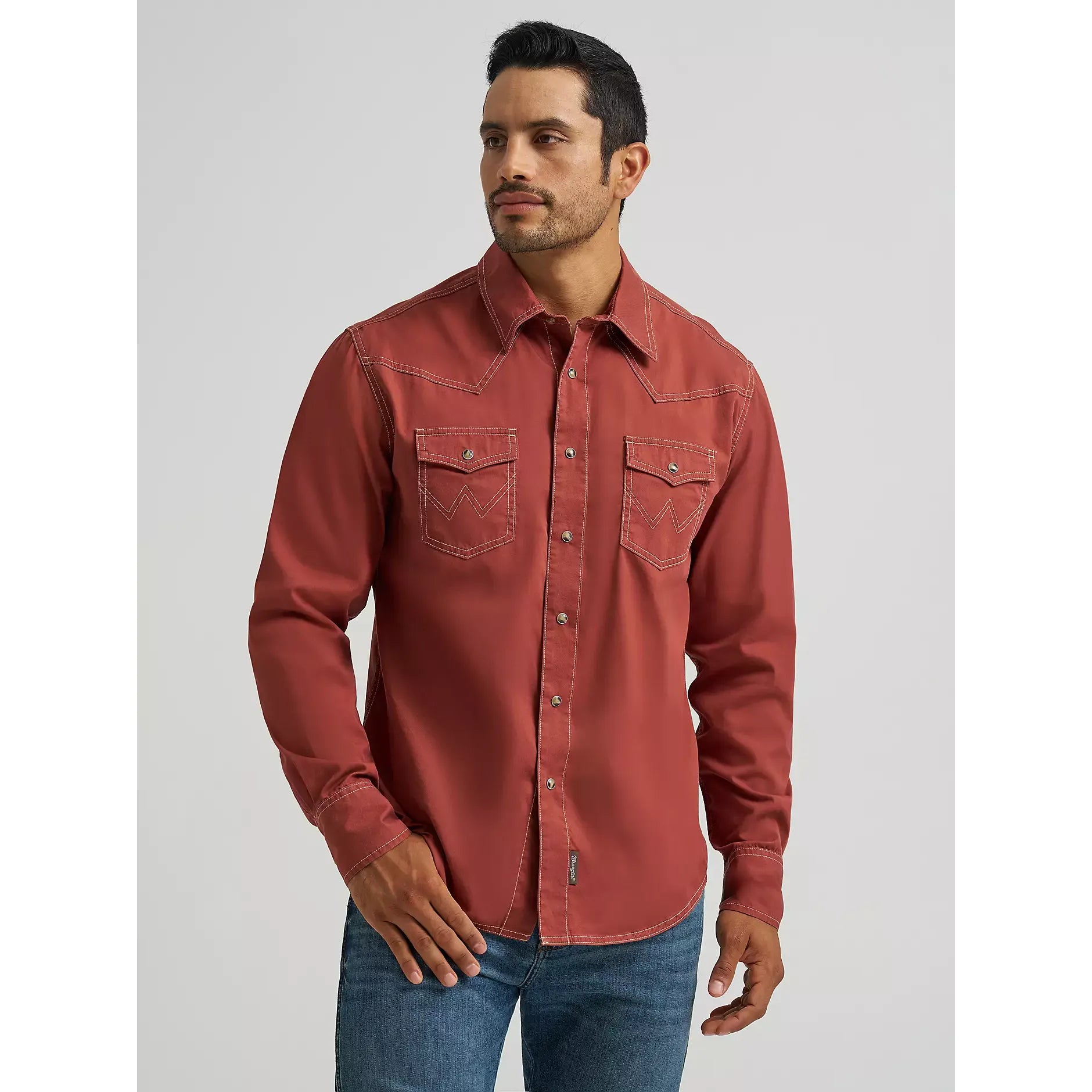 Men's Wrangler Retro Premium Long Sleeve Western Snap Solid Shirt-Clay Red