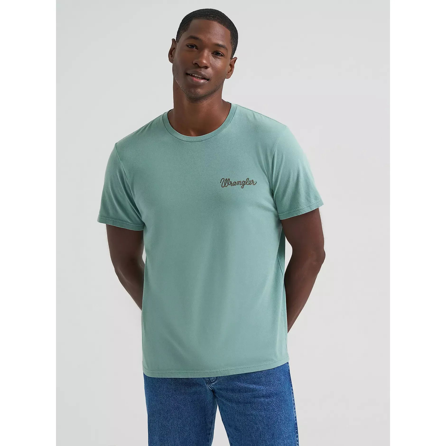 Men's Wrangler Kneeling Cowboy Back Graphic T-Shirt-Oil Blue