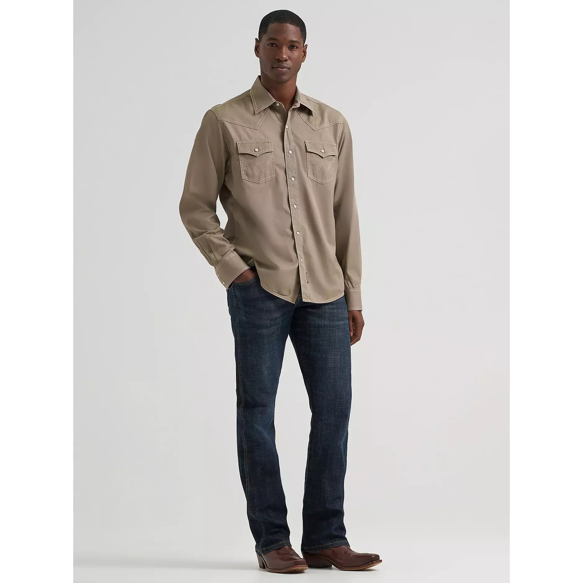 Men's Wrangler Retro® Premium Long Sleeve Western Snap Solid Shirt-Tan - CWesternwear