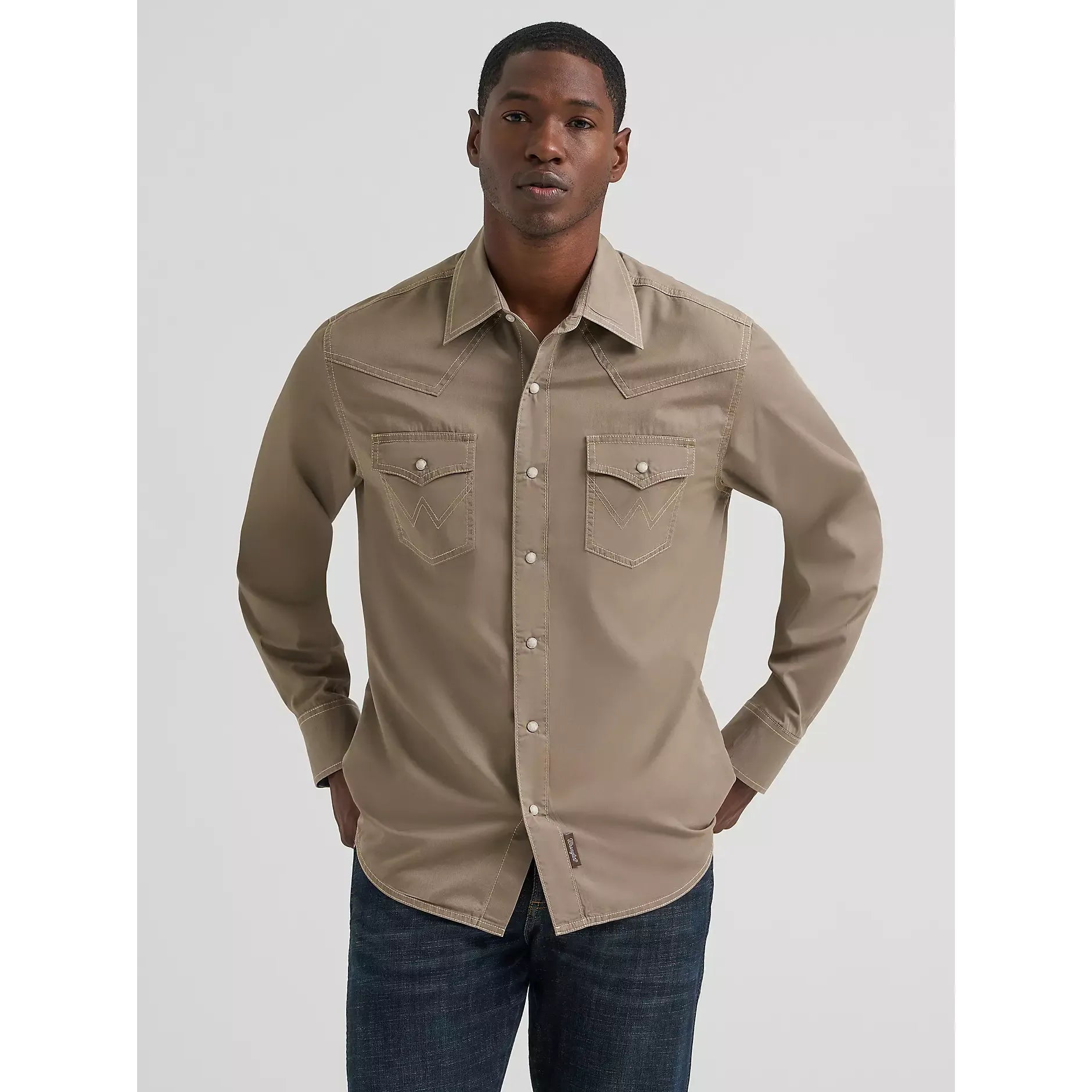 Men's Wrangler Retro® Premium Long Sleeve Western Snap Solid Shirt-Tan - CWesternwear