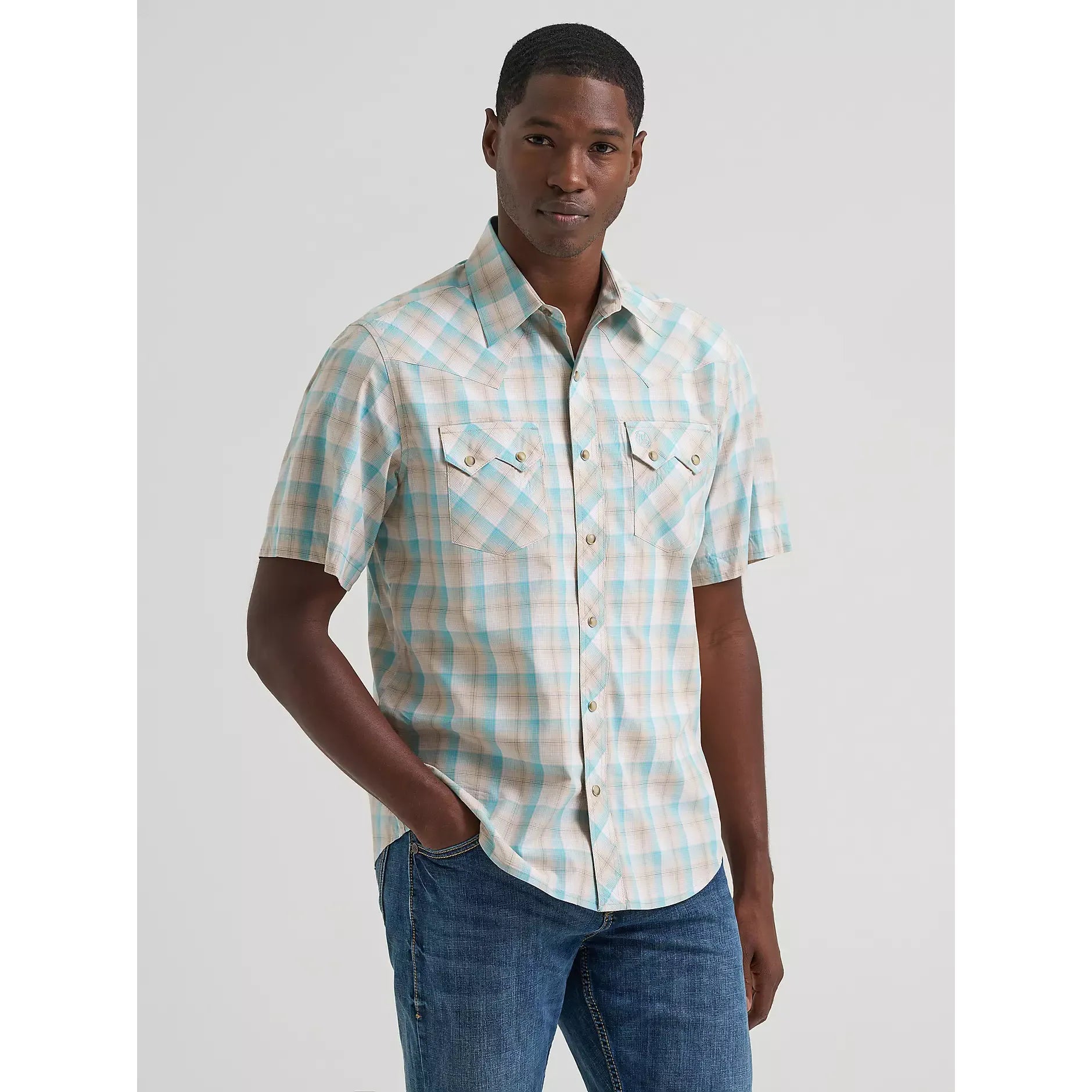 Men's Wrangler Retro Short Sleeve Sawtooth Pocket Western Snap Shirt-Tan Light - CWesternwear