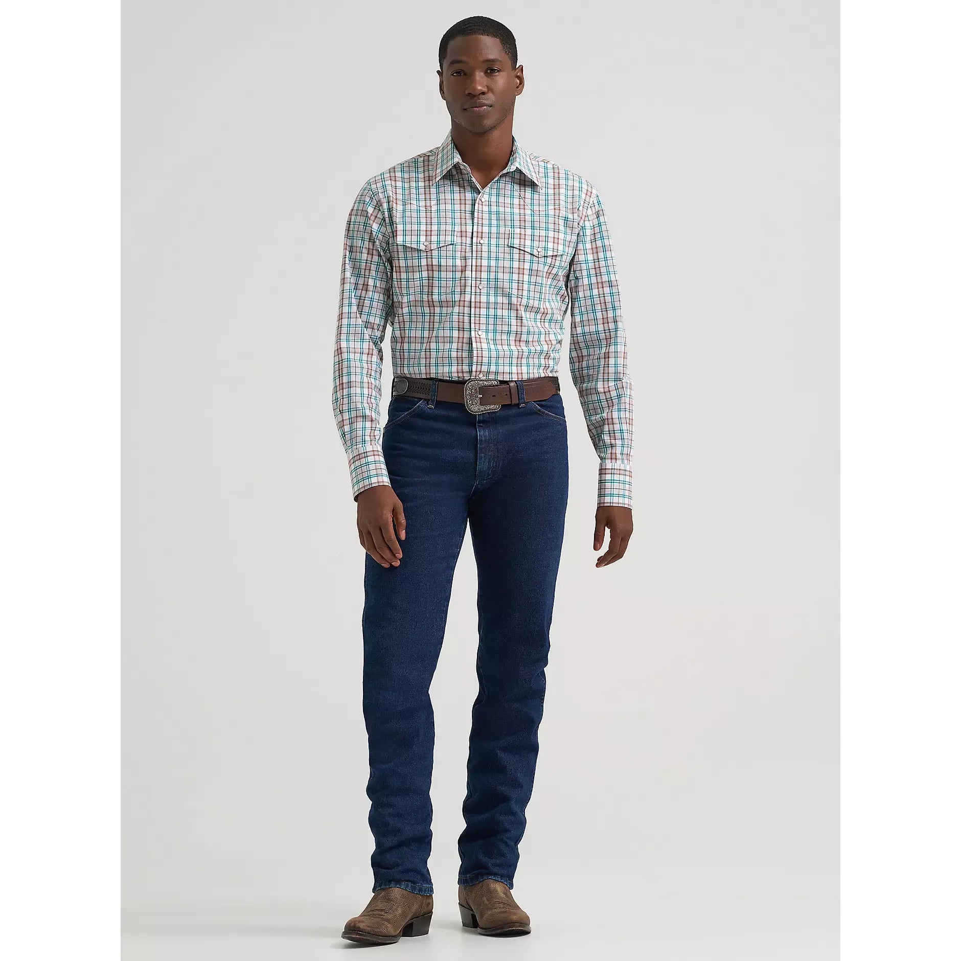 Men's Wrangler Wrinkle Resist Long Sleeve Western Snap Plaid Shirt-Turq Plaid - CWesternwear
