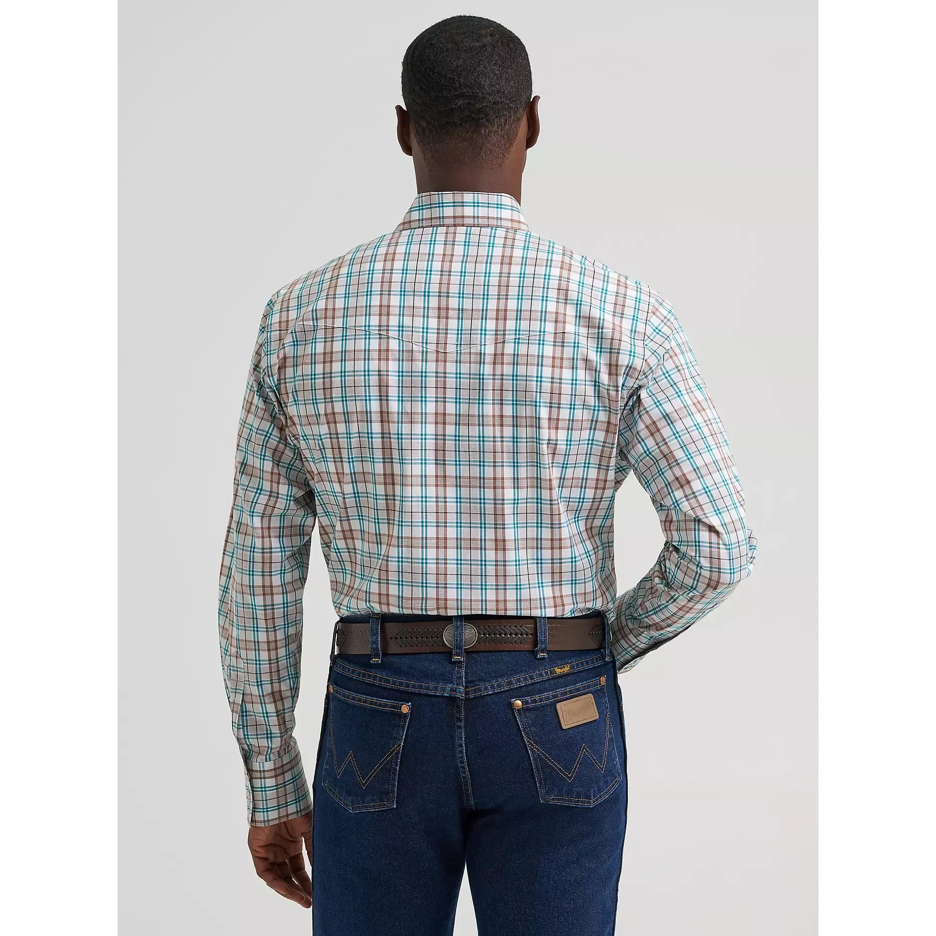 Men's Wrangler Wrinkle Resist Long Sleeve Western Snap Plaid Shirt-Turq Plaid - CWesternwear