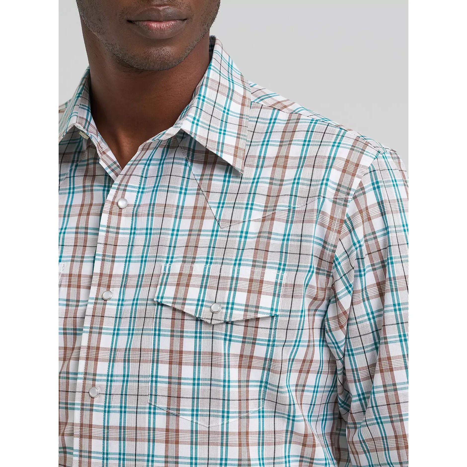 Men's Wrangler Wrinkle Resist Long Sleeve Western Snap Plaid Shirt-Turq Plaid - CWesternwear
