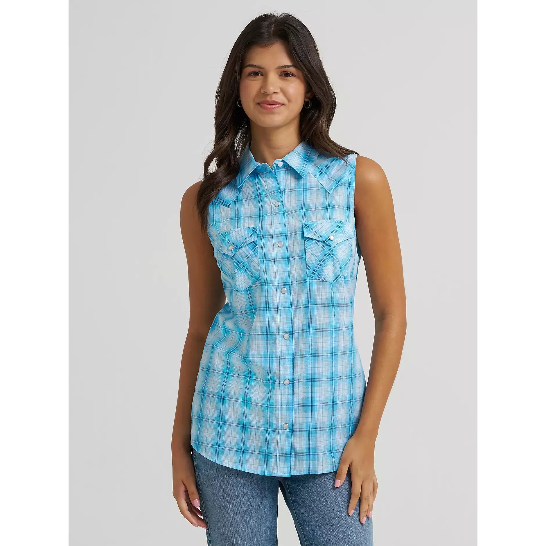 Women's Wrangler Essential Sleeveless Plaid Western Snap Shirt-Pool Blue - CWesternwear