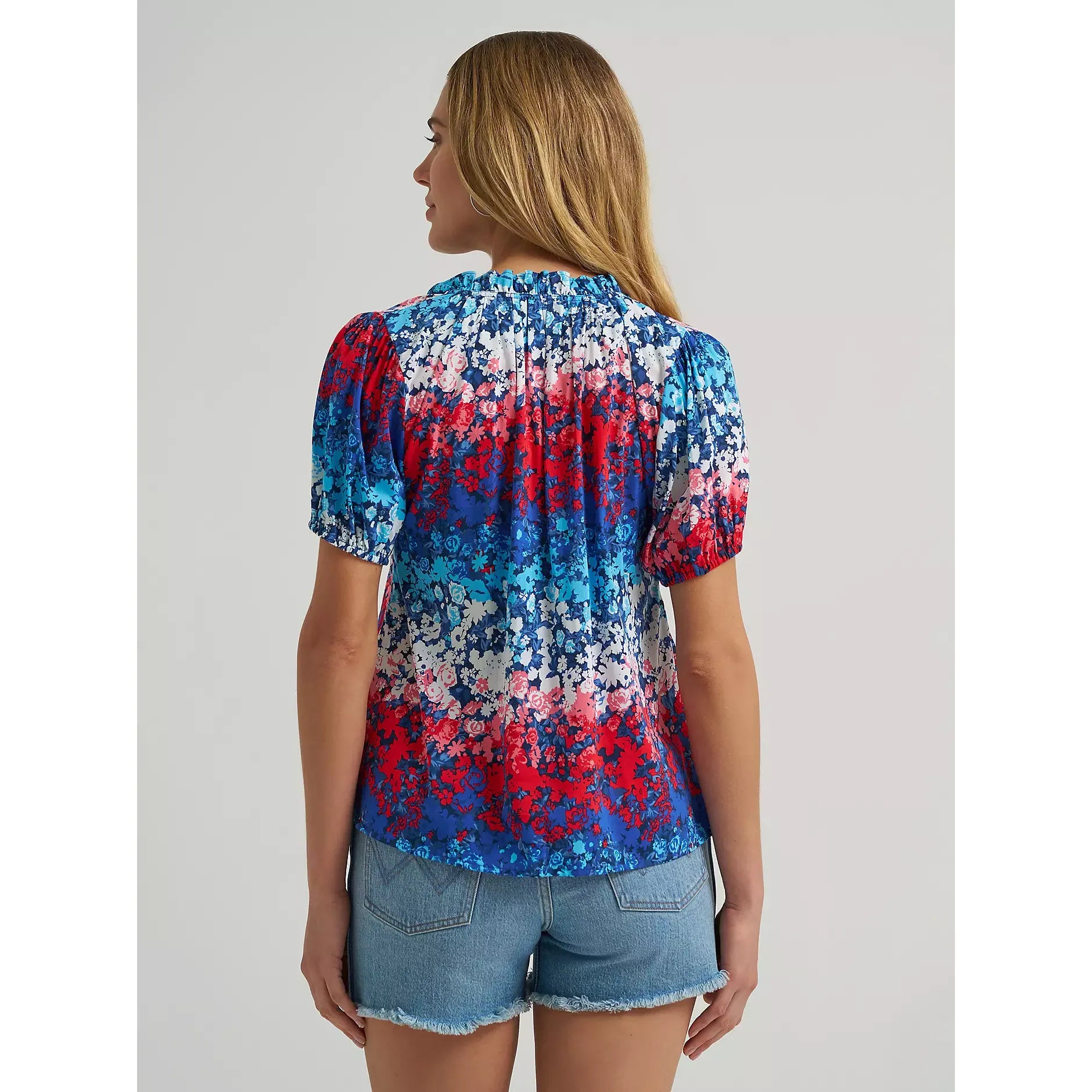 Women's Wrangler Puff Sleeve Mini Button Blouse-Blue - CWesternwear