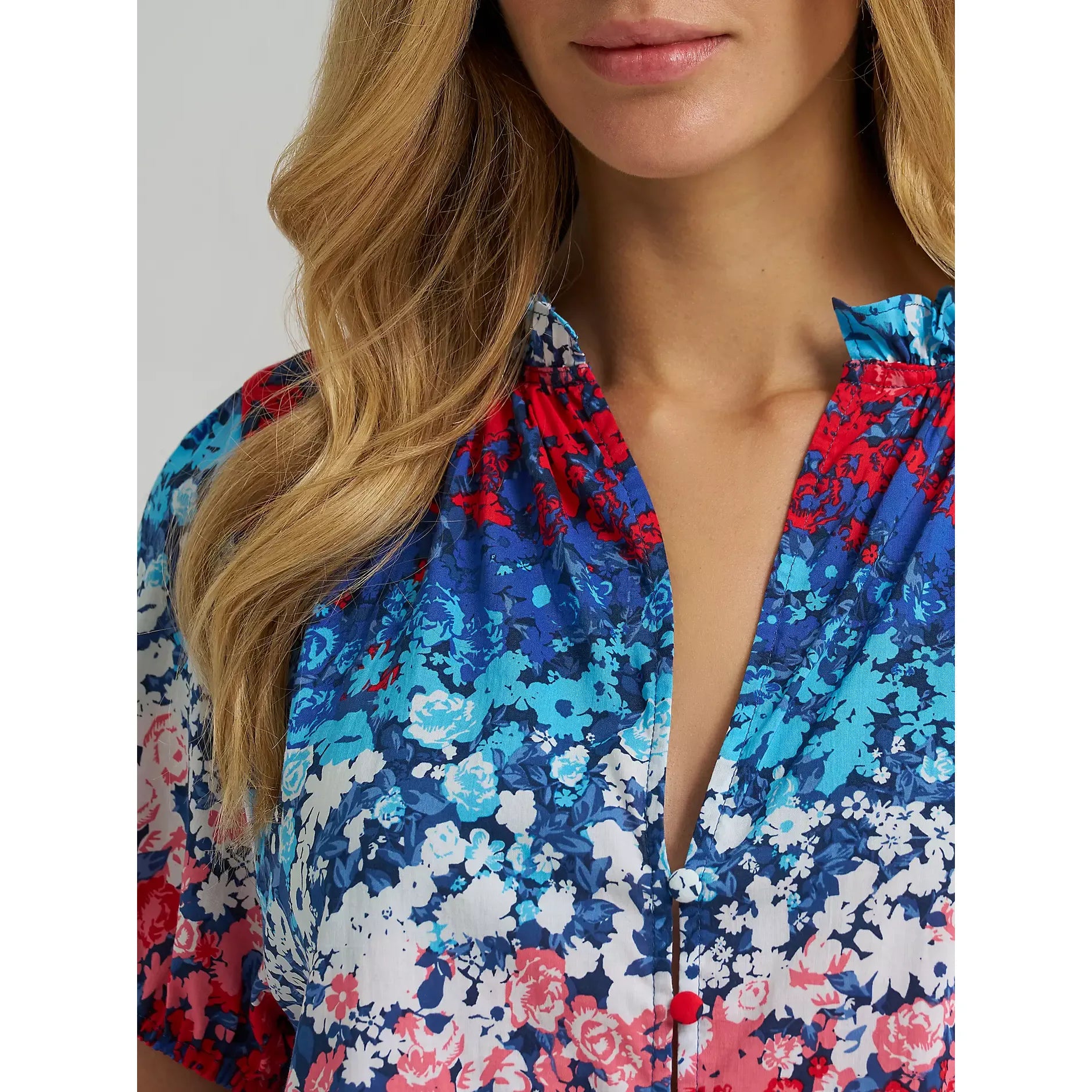 Women's Wrangler Puff Sleeve Mini Button Blouse-Blue - CWesternwear