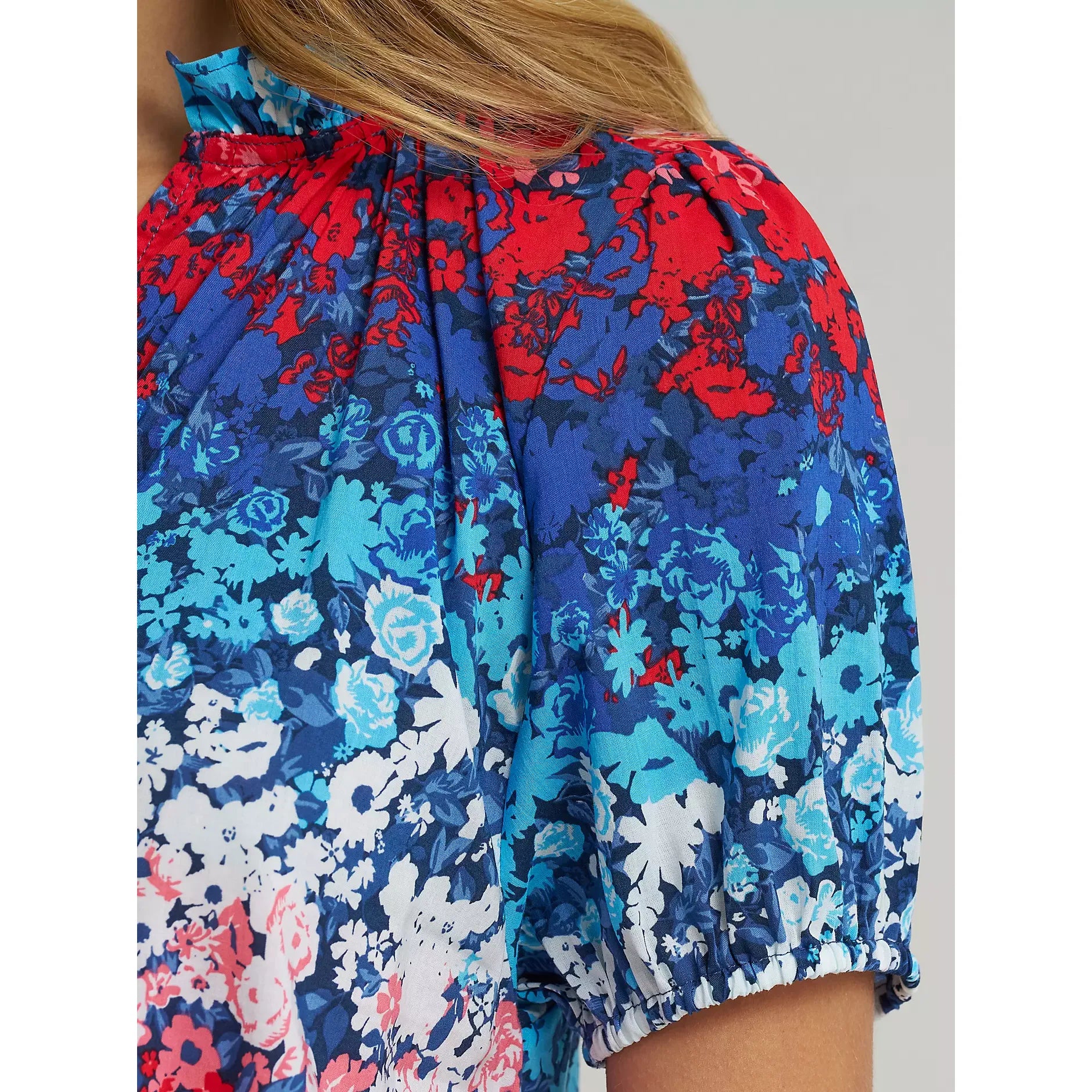 Women's Wrangler Puff Sleeve Mini Button Blouse-Blue - CWesternwear