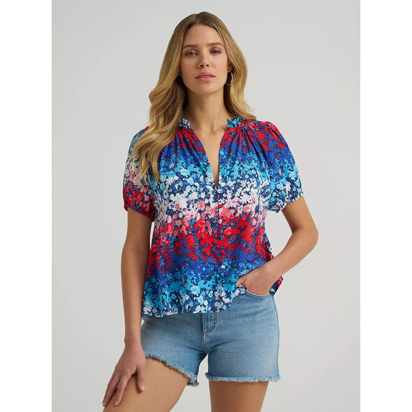 Women's Wrangler Puff Sleeve Mini Button Blouse-Blue
