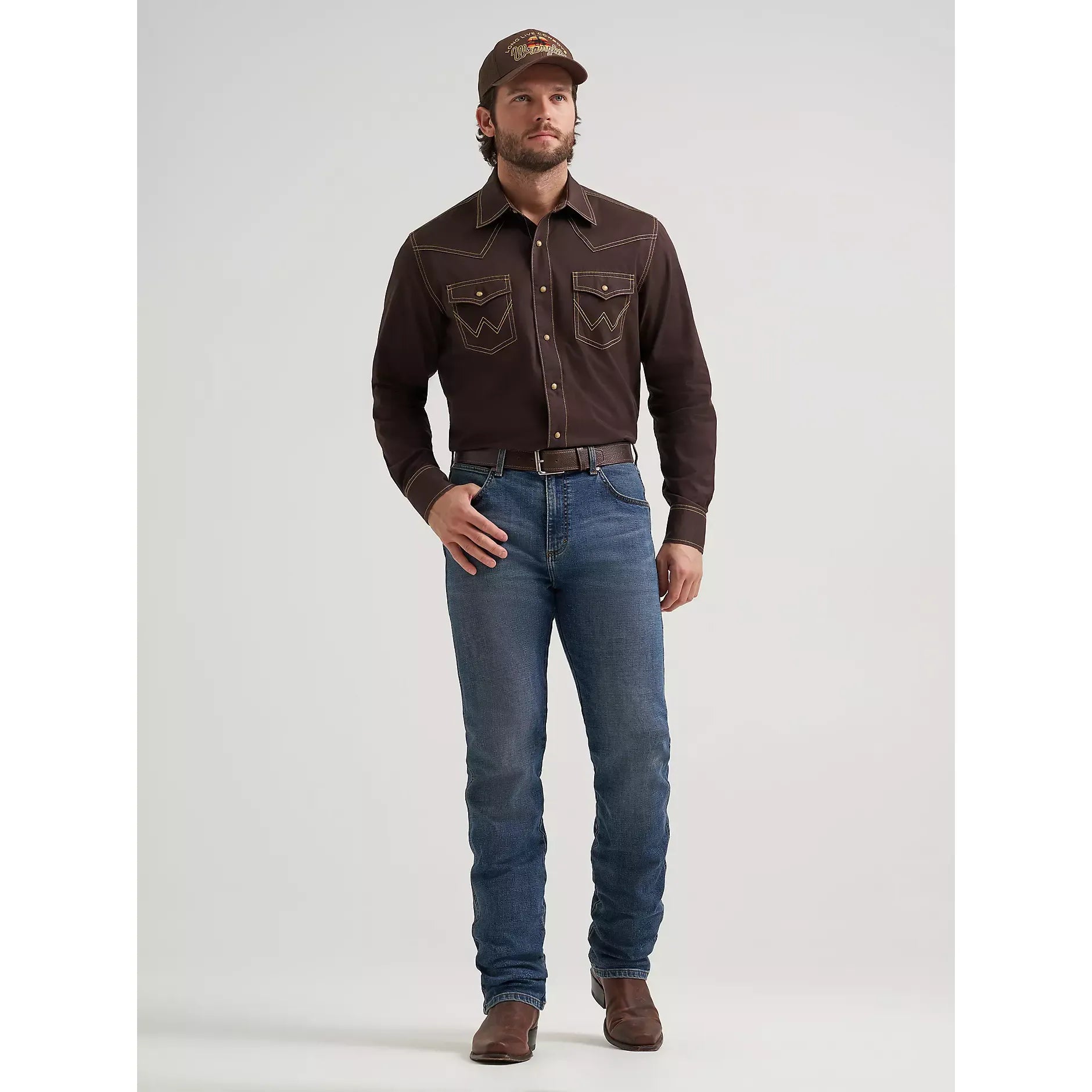 Men's Wrangler Retro® Premium Western Snap Solid Shirt-Bark - CWesternwear