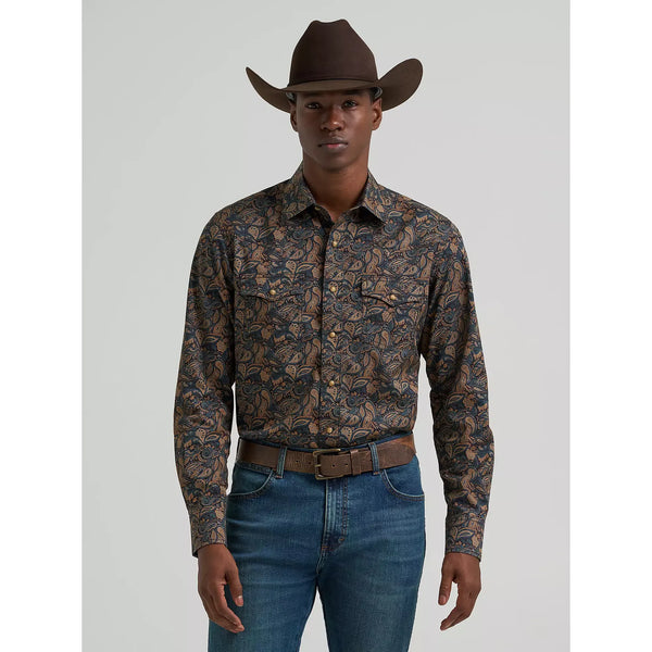 Men's Wrangler Retro Premium Long Sleeve Western Snap Printed Shirt-Royal Scroll
