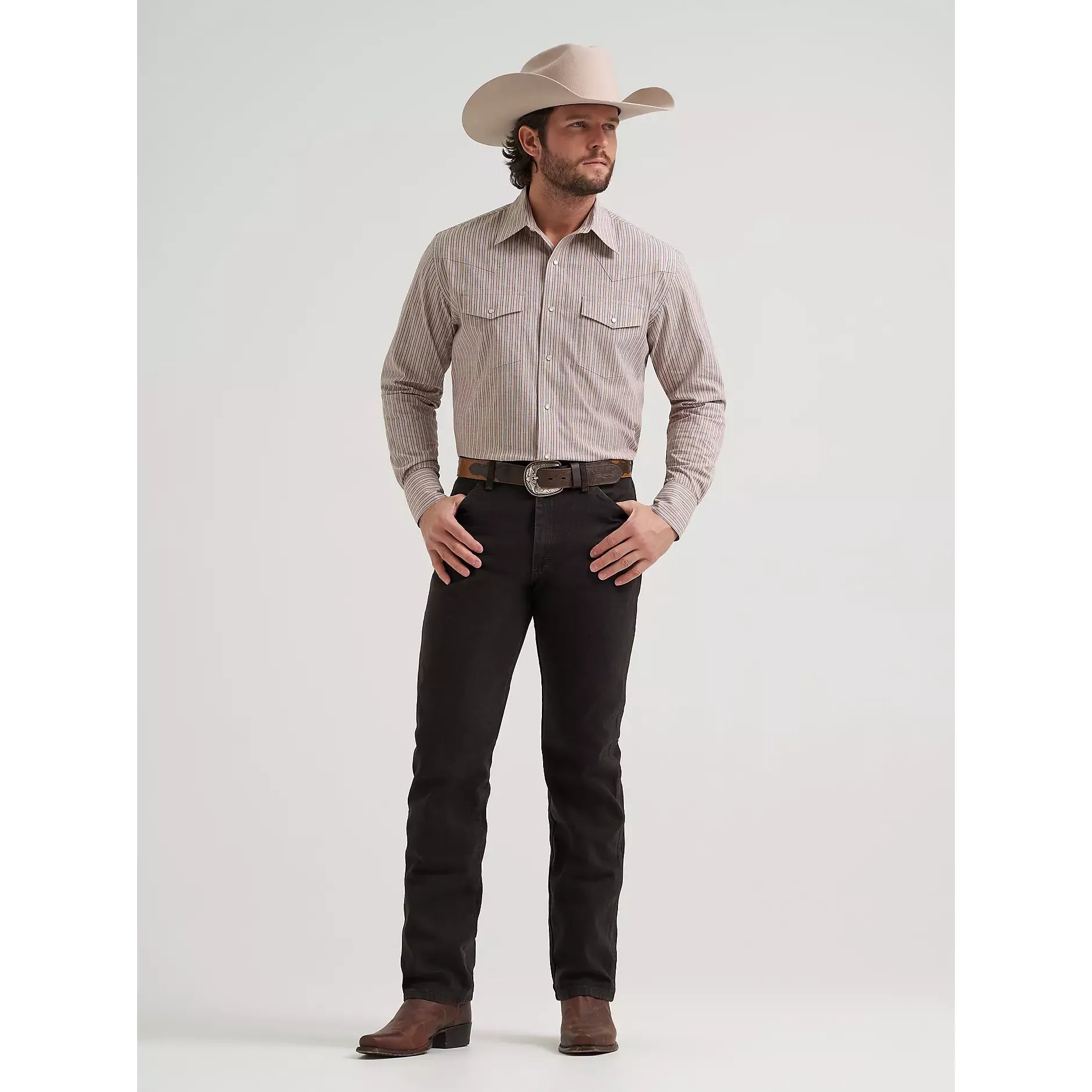Men's Wrangler Wrinkle Resist Long Sleeve Western Snap Plaid Shirt-Brown - CWesternwear