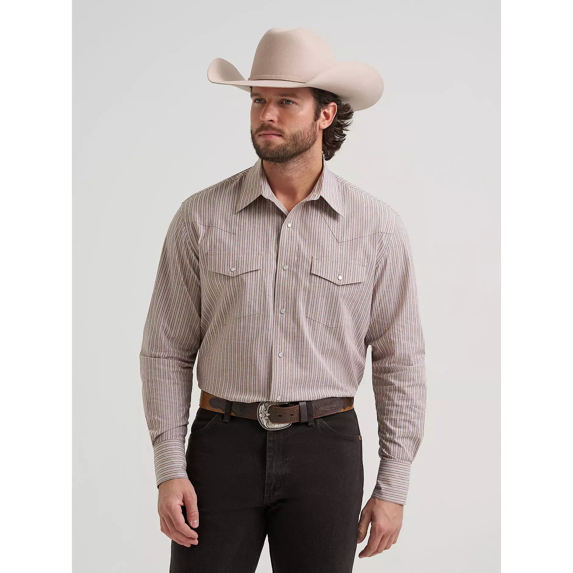 Men's Wrangler Wrinkle Resist Long Sleeve Western Snap Plaid Shirt-Brown - CWesternwear
