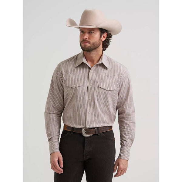 Men's Wrangler Wrinkle Resist Long Sleeve Western Snap Plaid Shirt-Brown