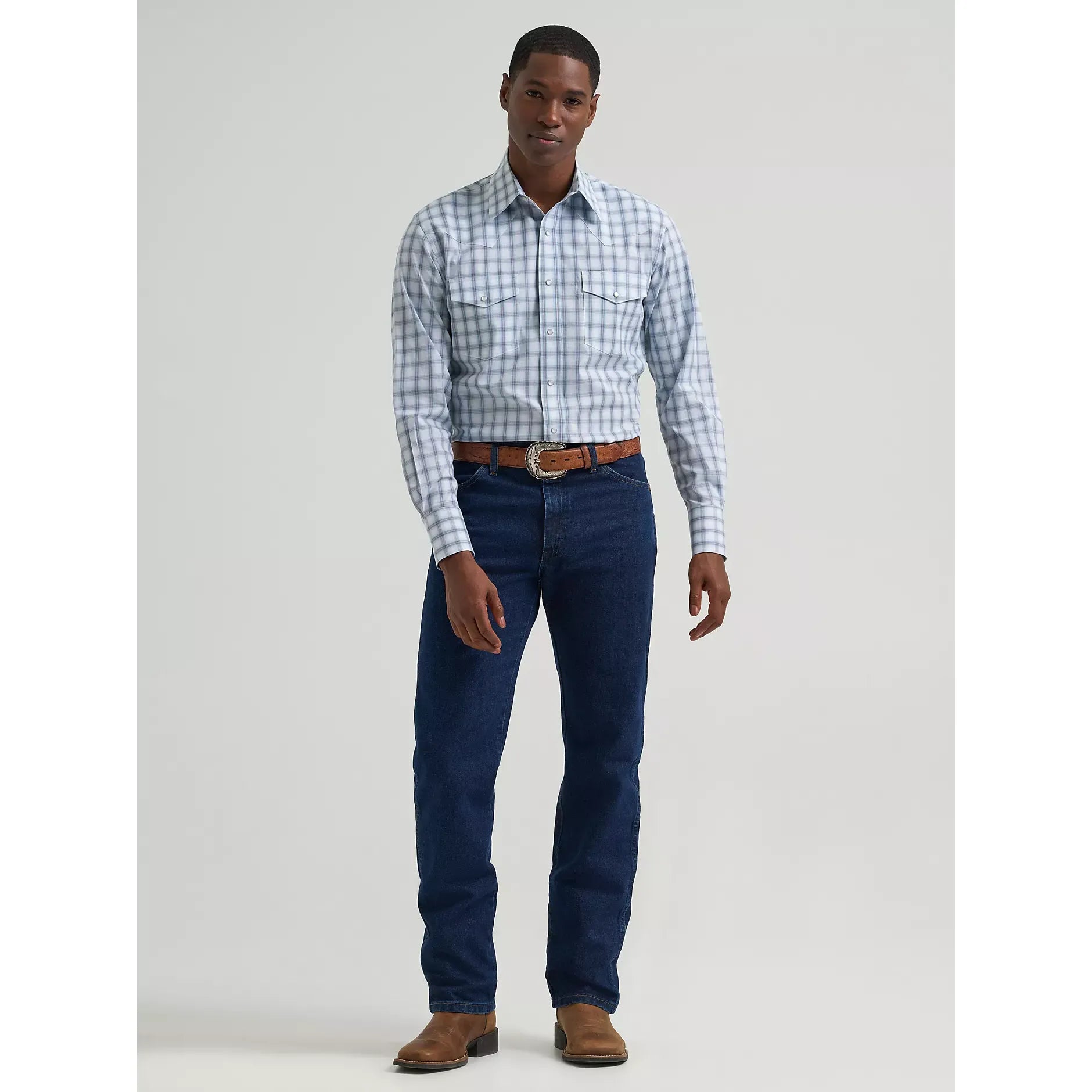 Men's Wrangler Wrinkle Resist Long Sleeve Western Snap Plaid Shirt-Blue Plaid - CWesternwear
