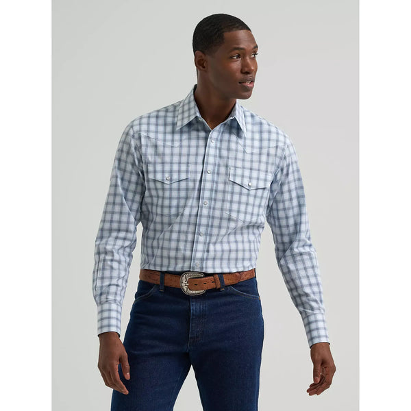 Men's Wrangler Wrinkle Resist Long Sleeve Western Snap Plaid Shirt-Blue Plaid