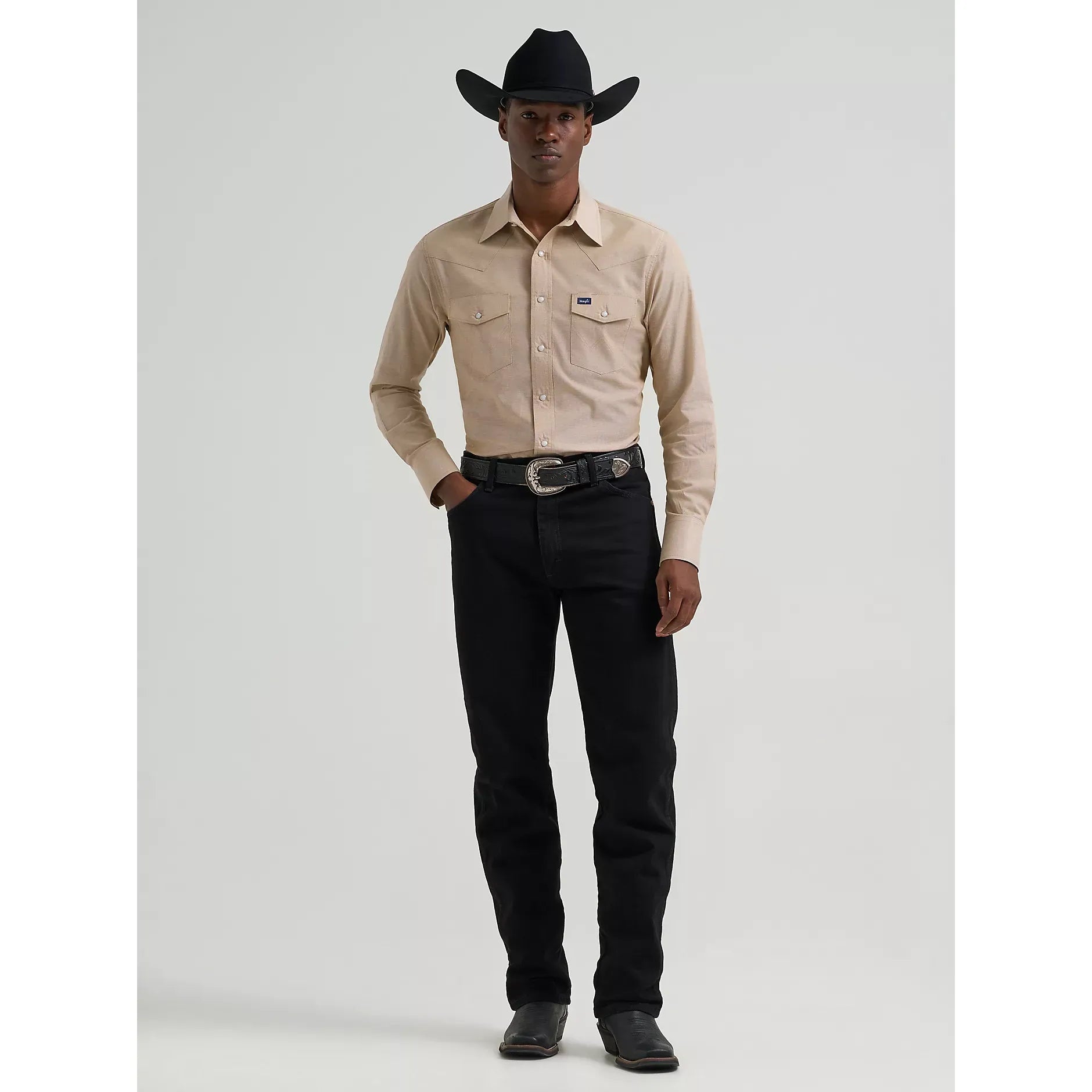 Men's Wrangler Cowboy Cut® Long Sleeve Western Snap Chambray Work Shirt-Khaki