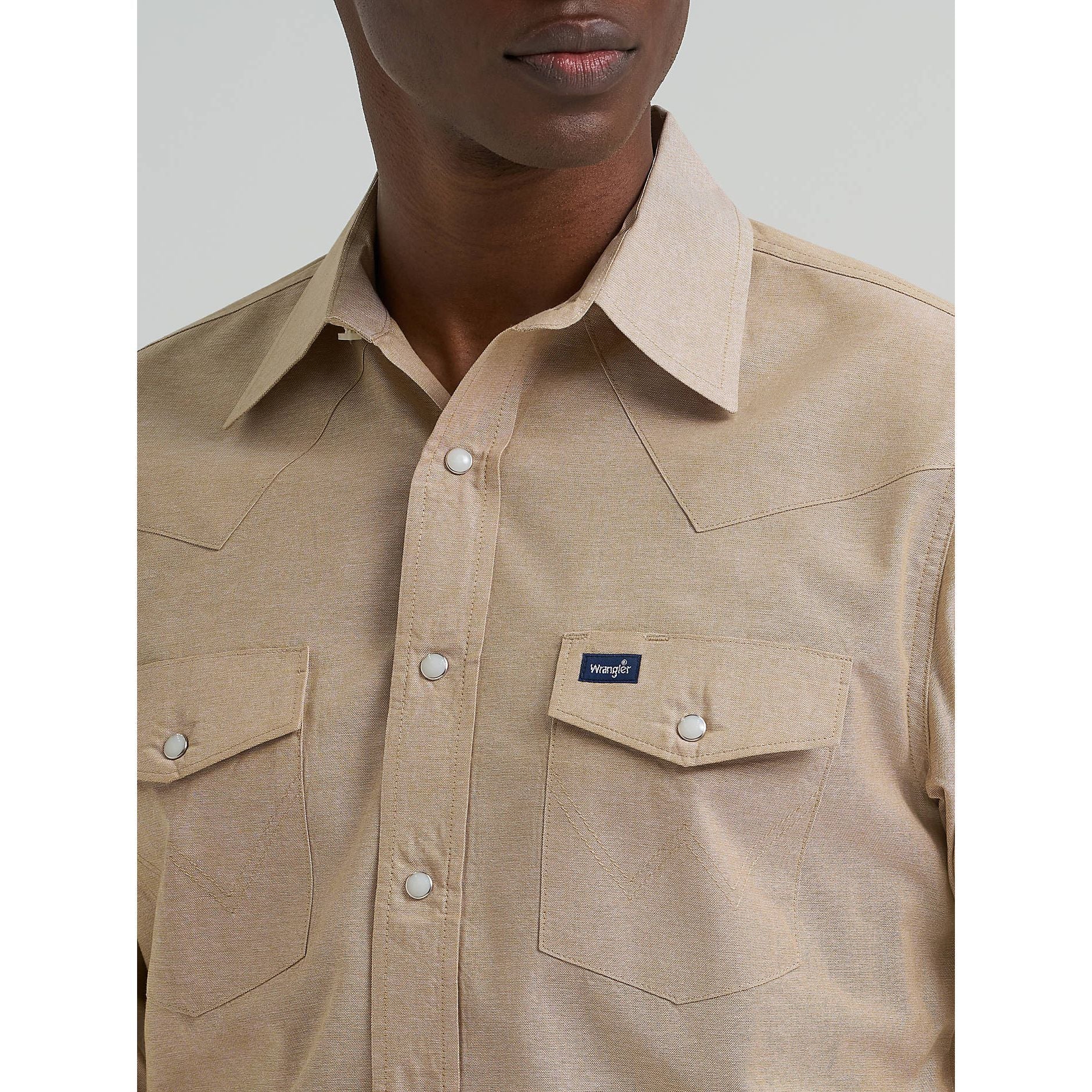 Men's Wrangler Cowboy Cut® Long Sleeve Western Snap Chambray Work Shirt-Khaki