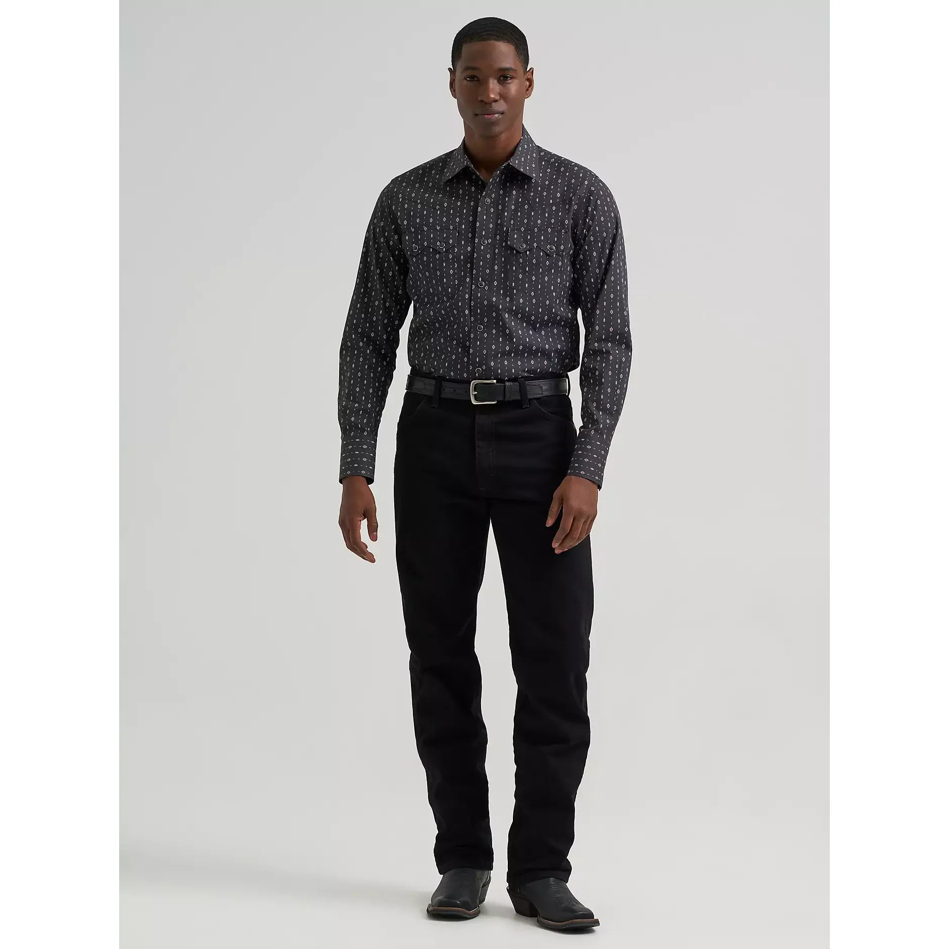 Men's Wrangler Retro® Long Sleeve Sawtooth Snap Pocket Western Shirt-Obsidian Chain - CWesternwear