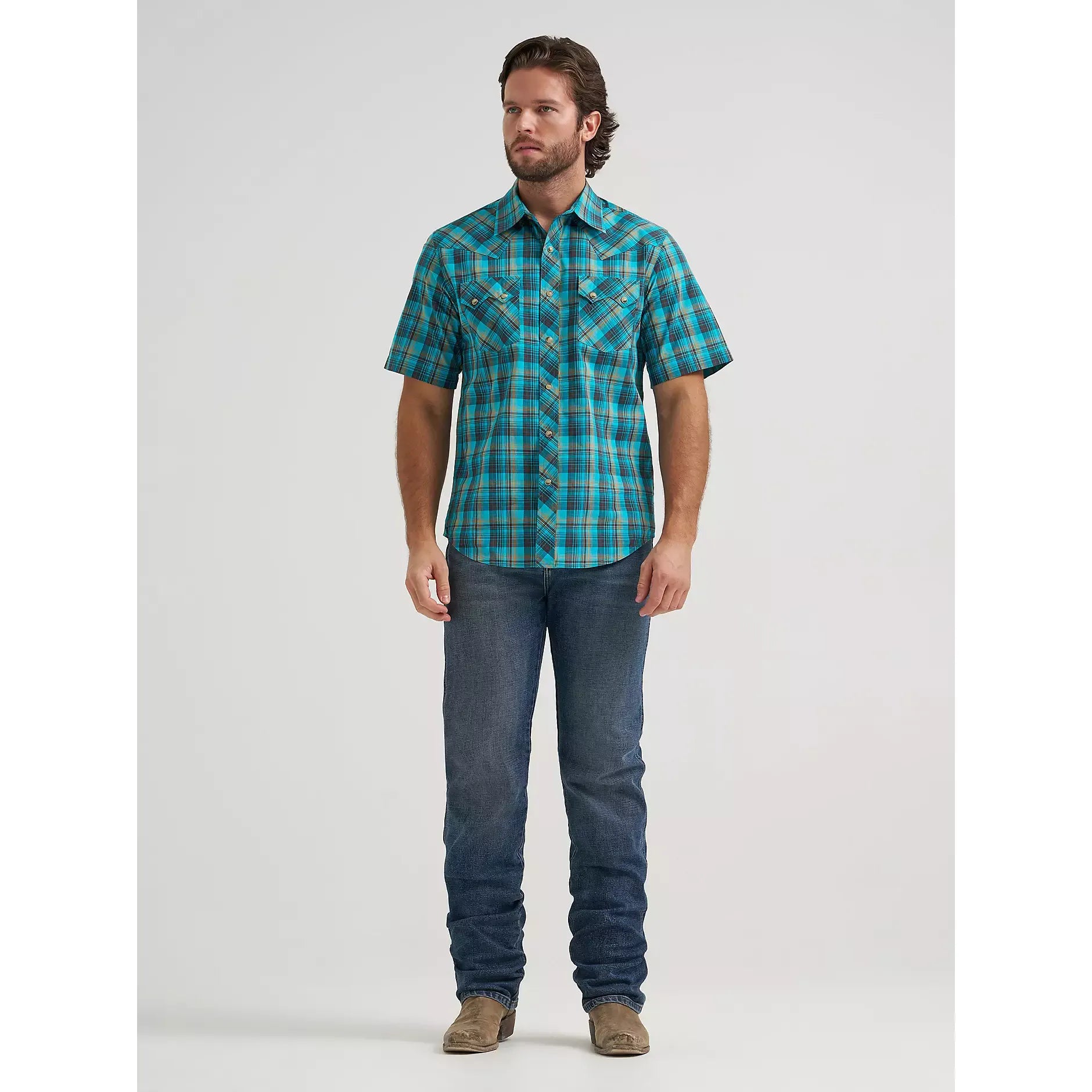 Men's Wrangler Retro Short Sleeve Sawtooth Pocket Western Snap Shirt-Lagoon