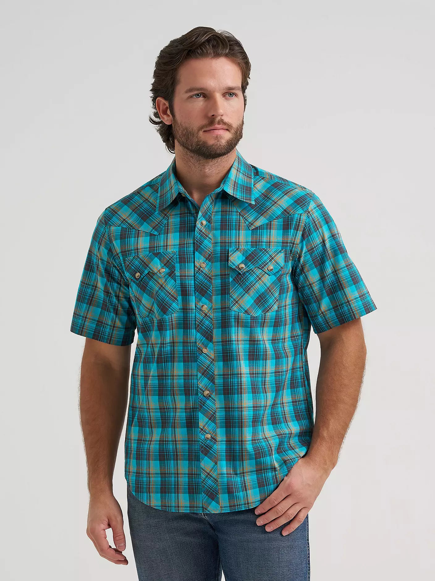 Men's Wrangler Retro Short Sleeve Sawtooth Pocket Western Snap Shirt-Lagoon