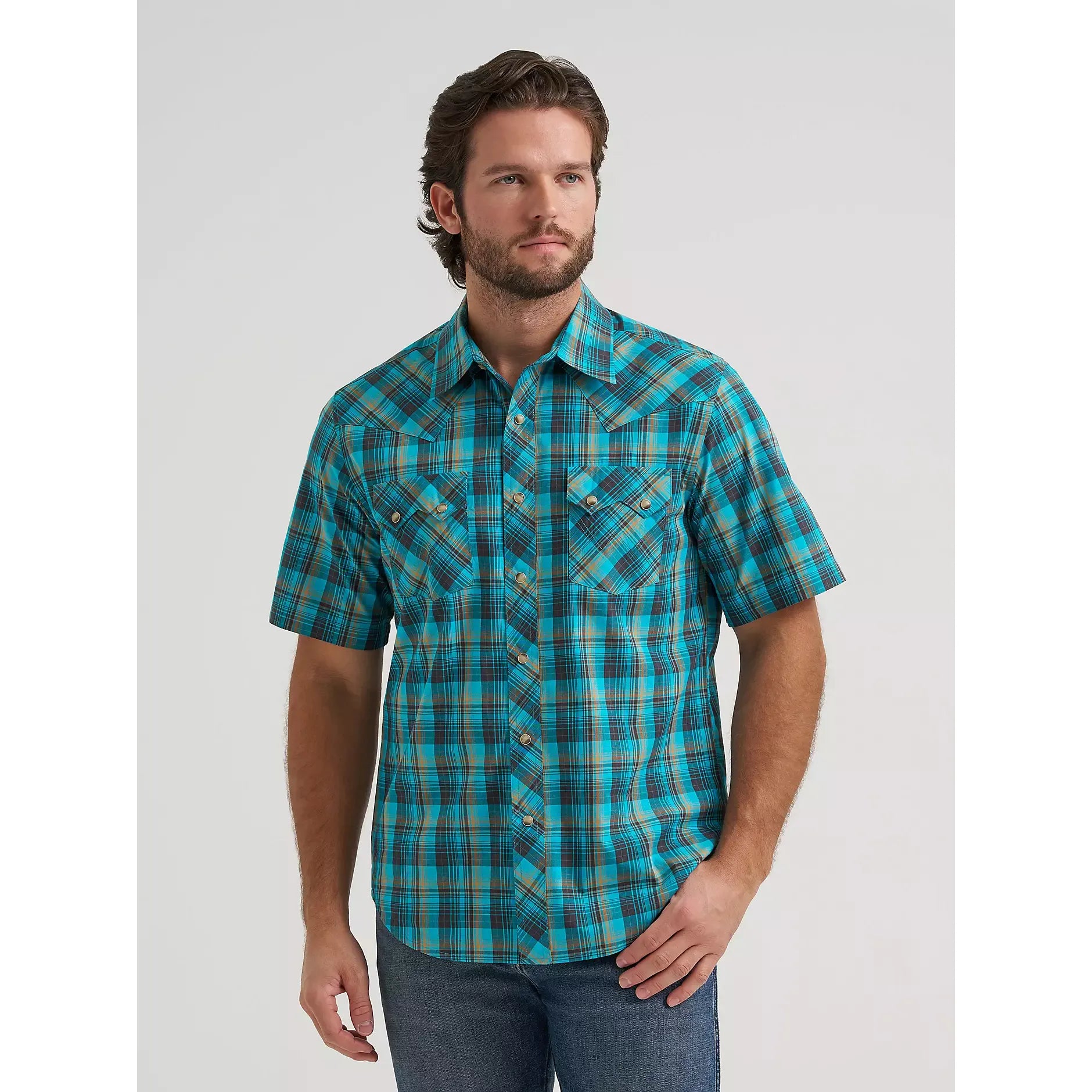 Men's Wrangler Retro Short Sleeve Sawtooth Pocket Western Snap Shirt-Lagoon