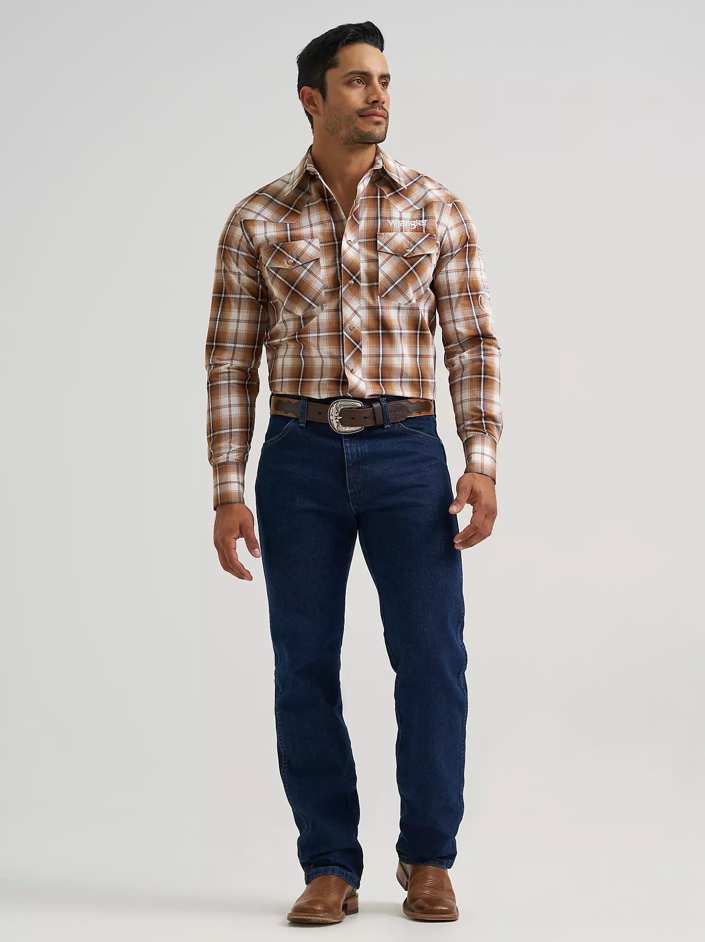 Men's Wrangler Logo Long Sleeve Western Snap Shirt-Sand