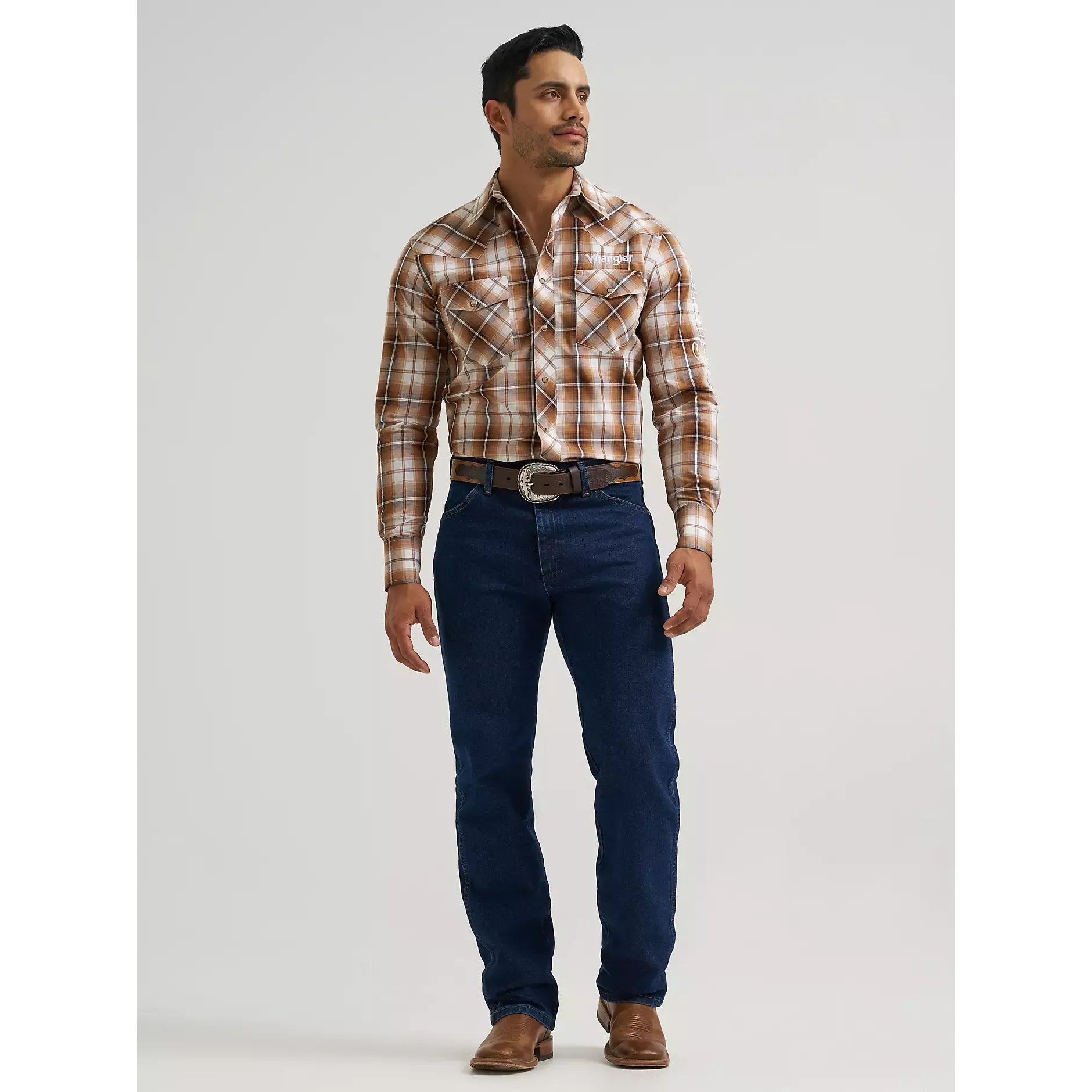 Men's Wrangler Logo Long Sleeve Western Snap Shirt-Sand