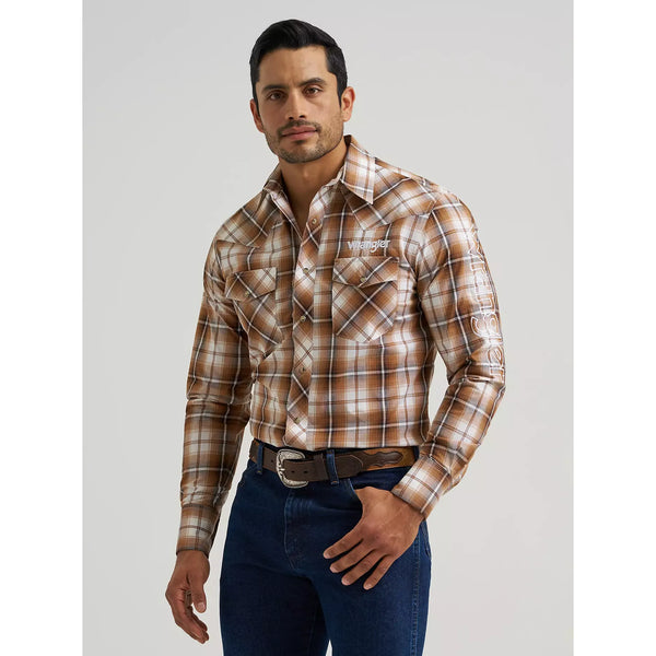 Men's Wrangler Logo Long Sleeve Western Snap Shirt-Sand