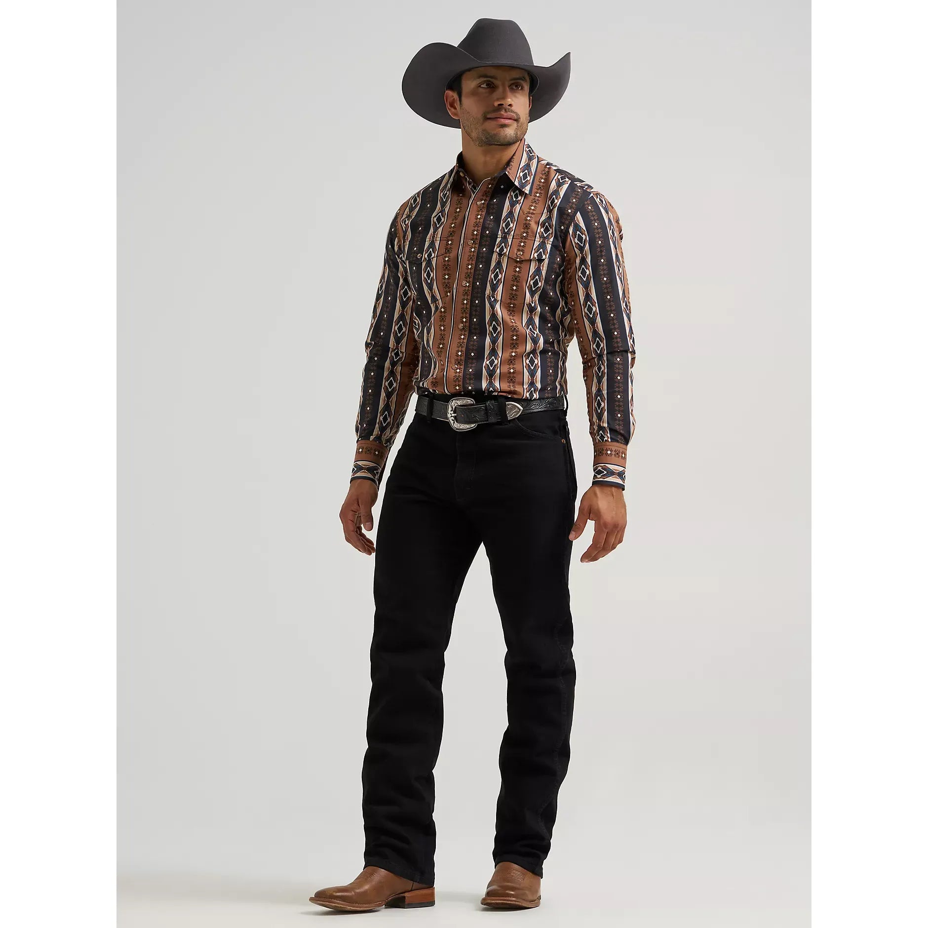 Men's Wrangler Checotah® Long Sleeve Western Snap Printed Shirt-Mocha