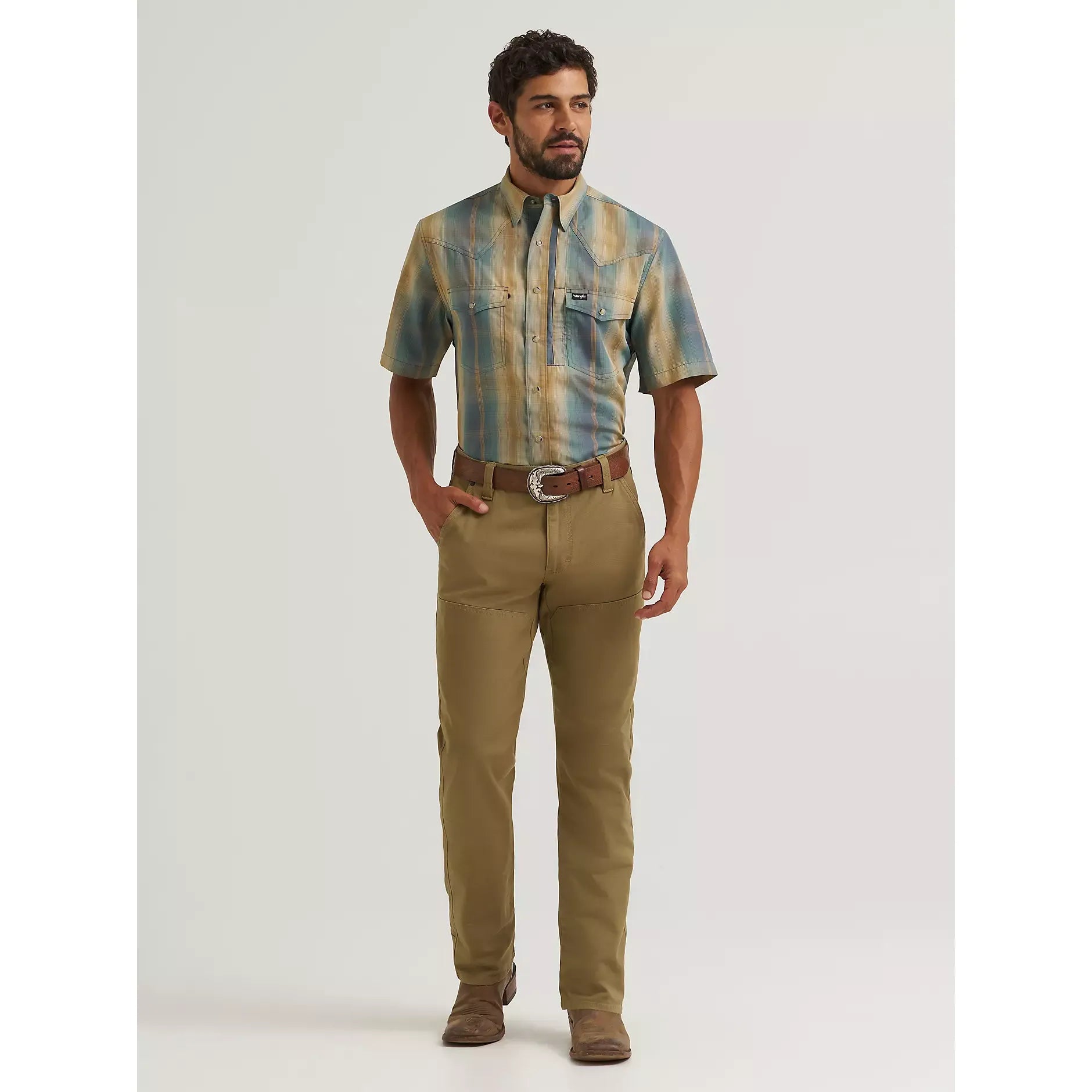 Men's Wrangler All Terrain Gear Men's Performance Plaid Shirt-Turbulence - CWesternwear